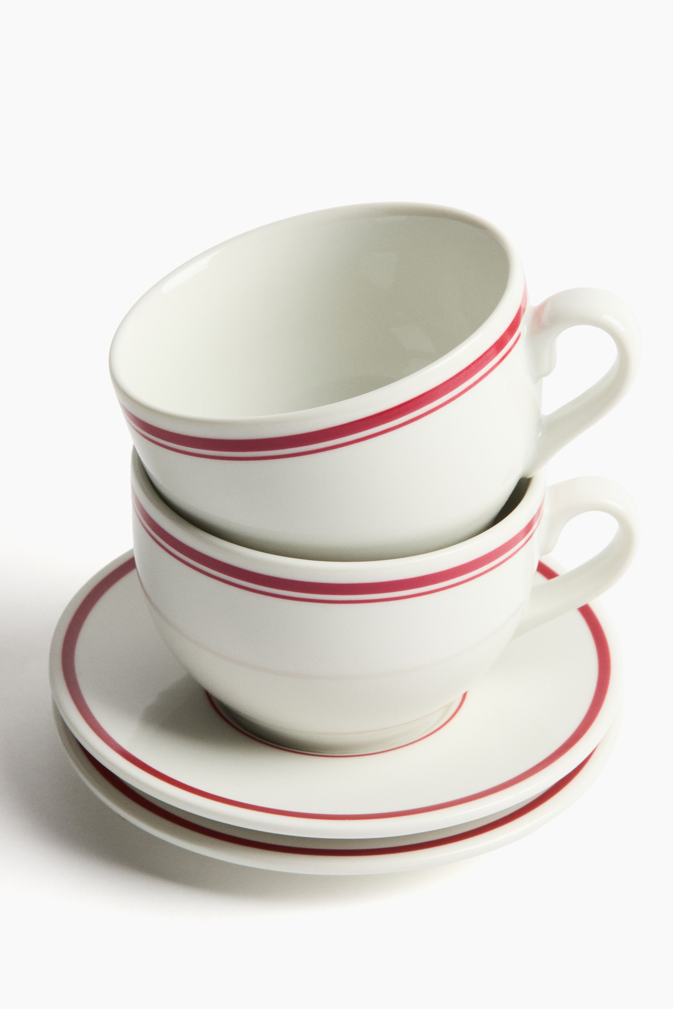 View larger image: 2-Pack Porcelain Cups with Saucers - White/red | H&M US 3