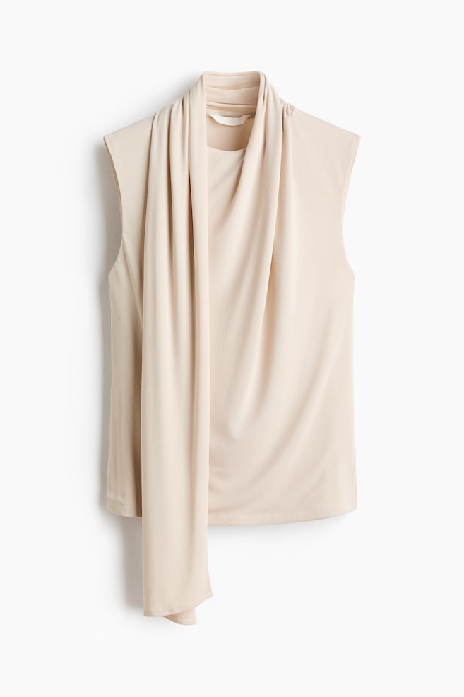 Scarf-collar jersey top - Light beige/Dark brown/Polka dot - 1