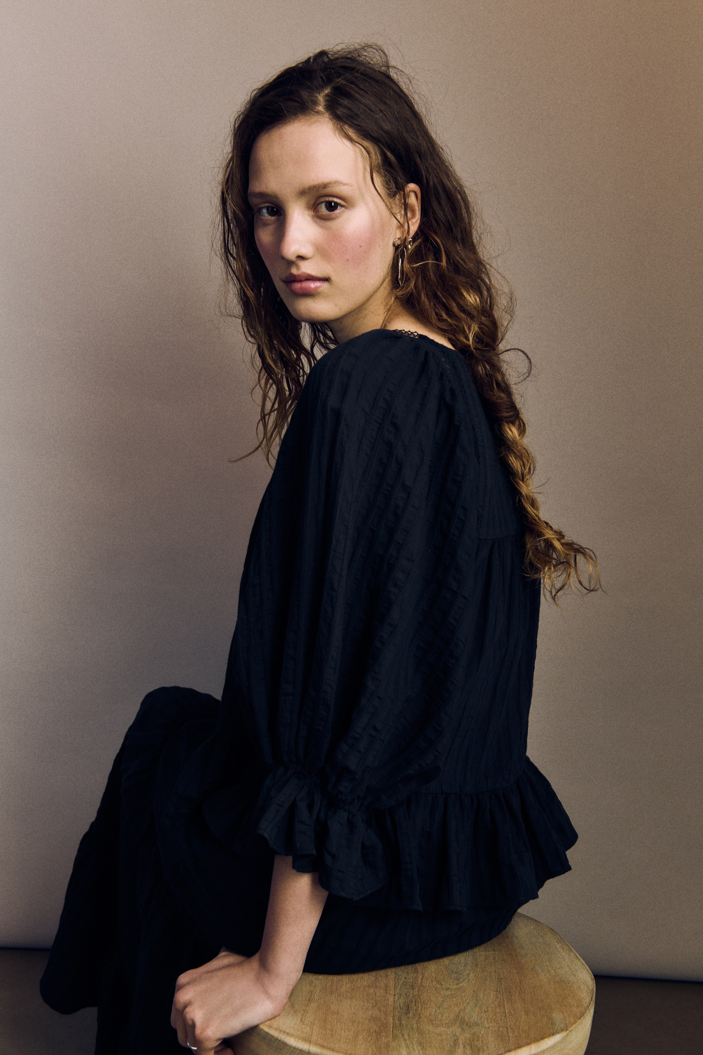 Μπλούζα με μανίκι με φούσκα - Μαύρο/Λευκό