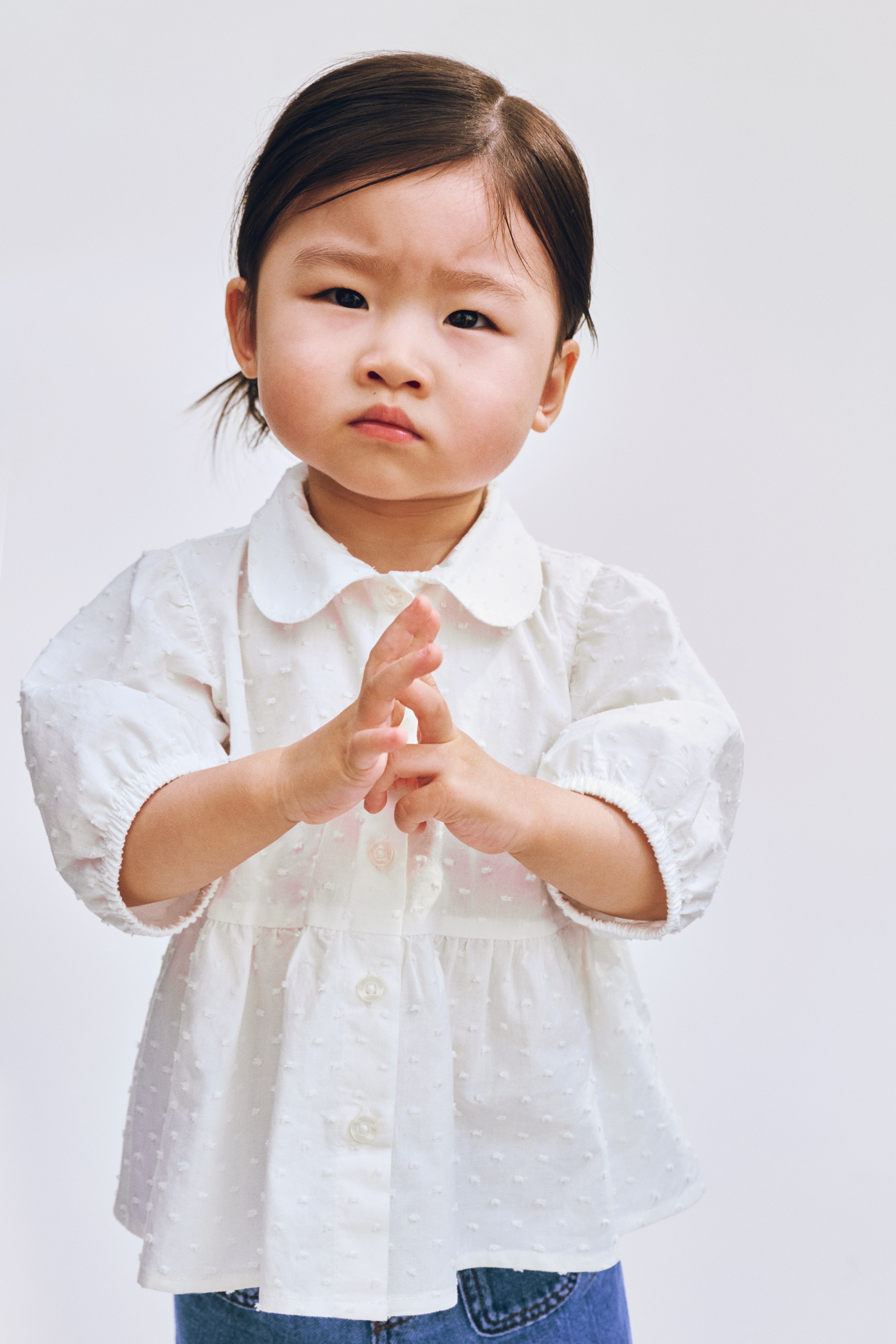 Blouse en coton plumetis - Blanc/Bleu clair/rayé