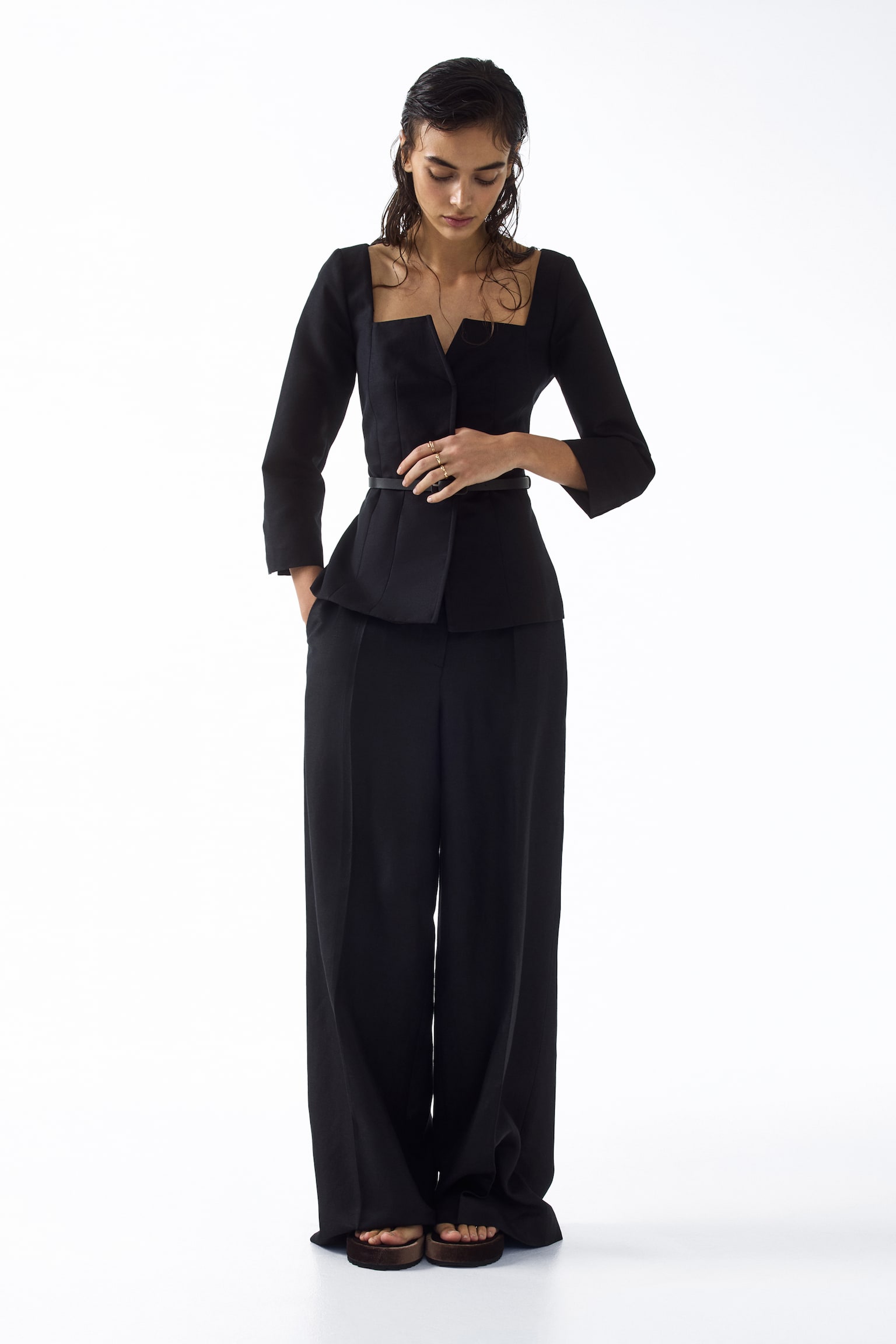 Square-neck cotton blazer - Black - 6