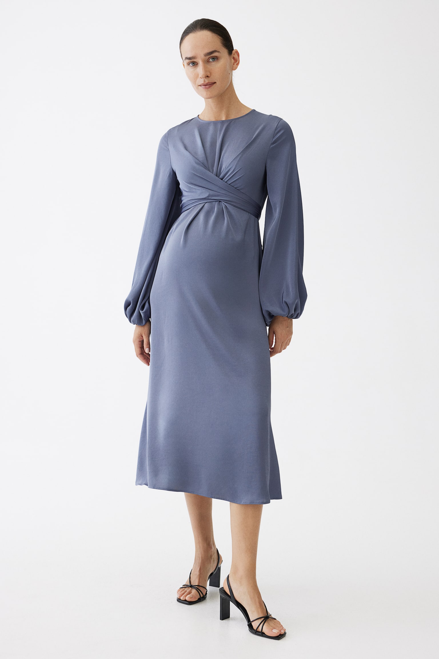 MAMA Balloon-sleeved satin dress - Pigeon blue/Black/Cream - 3