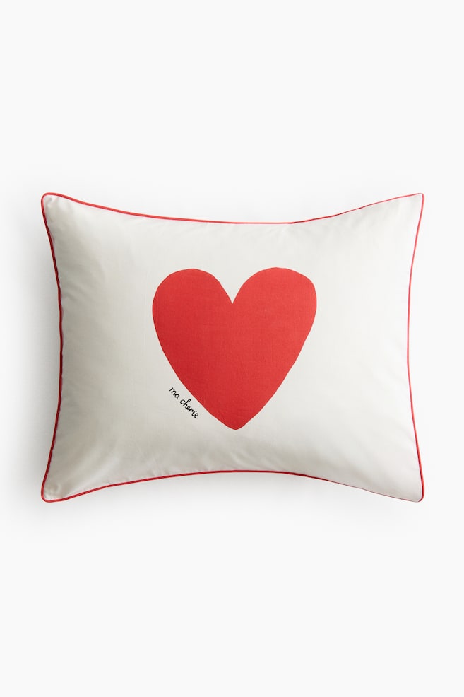 Print-motif cotton pillowcase - White/Heart - 1