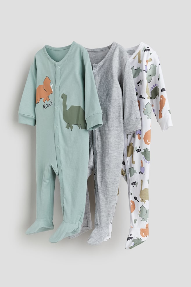 Lot de 3 pyjamas en coton - Turquoise clair/dinosaures/Beige clair/chiens/Rose ancien/lapins - 1