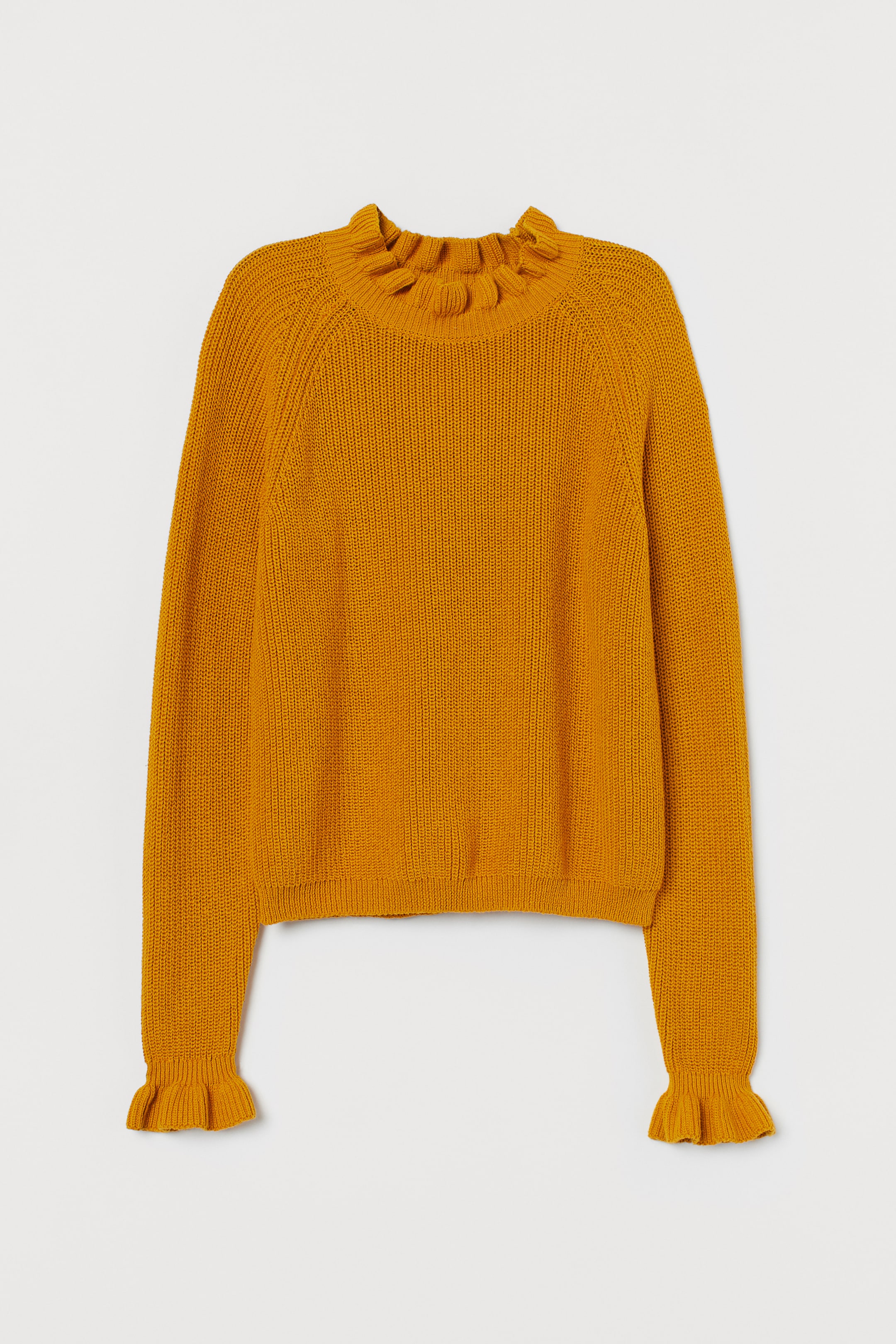 Frill-trimmed knitted jumper - Long sleeve - Mustard yellow - Ladies ...