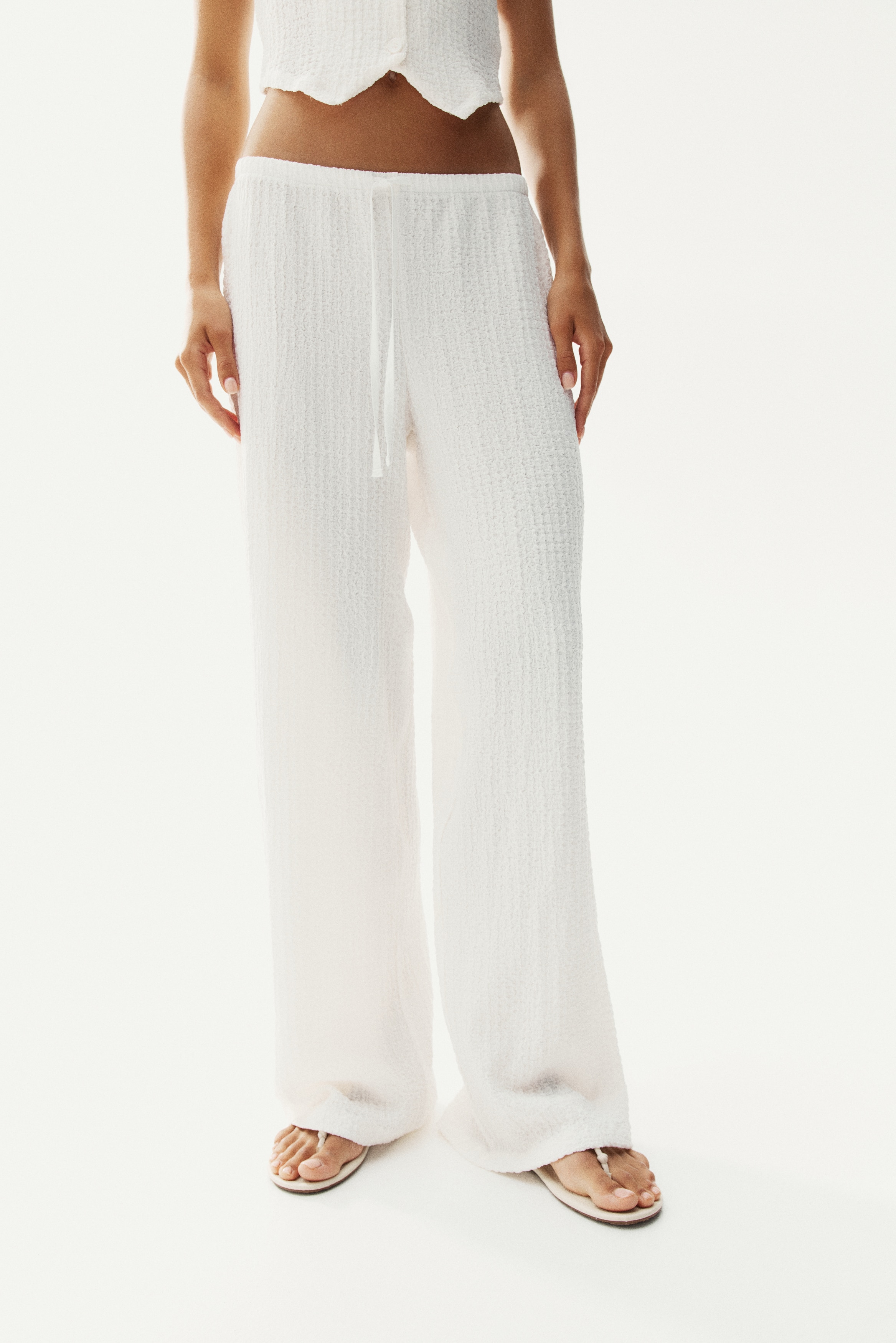 Crinkled Drawstring Pants - Cream - Ladies | H&M US Crinkled Drawstring Pants - Cream - Ladies | H&M US