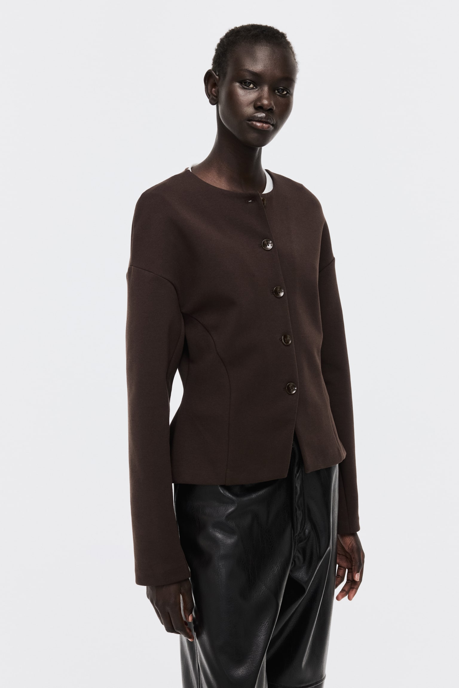 Blazer sin cuello en tela scuba - Café oscuro/Blanco - 3