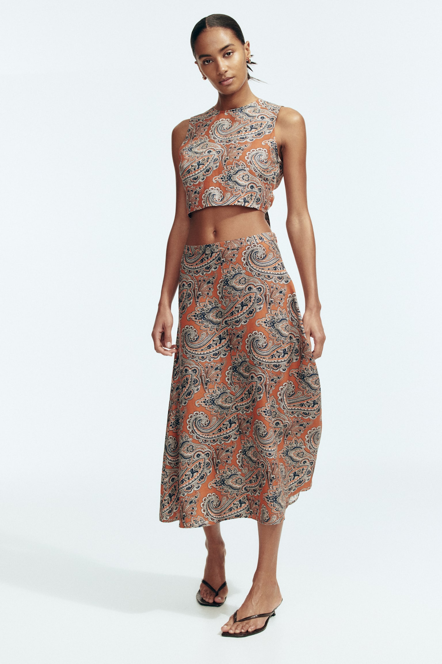 Top con lazos en mezcla de lino - Anaranjado/Estampado paisley - 3