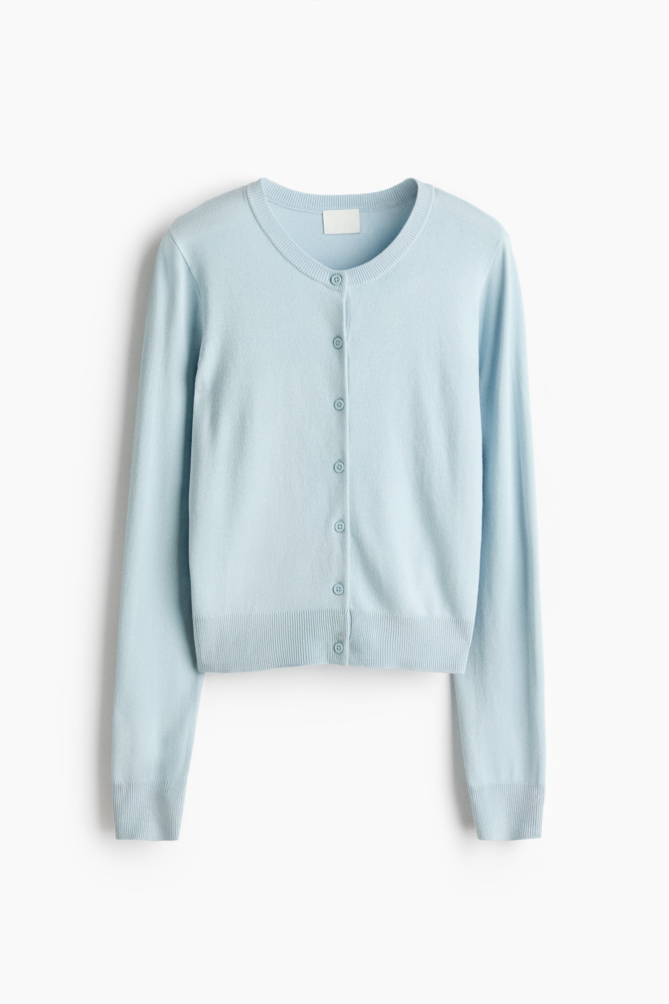 View larger image: A light blue fine-knit cardigan is presented as FRONT, showcasing a round, ribbed neckline, seven buttons down the front, and ribbed cuffs and hem.