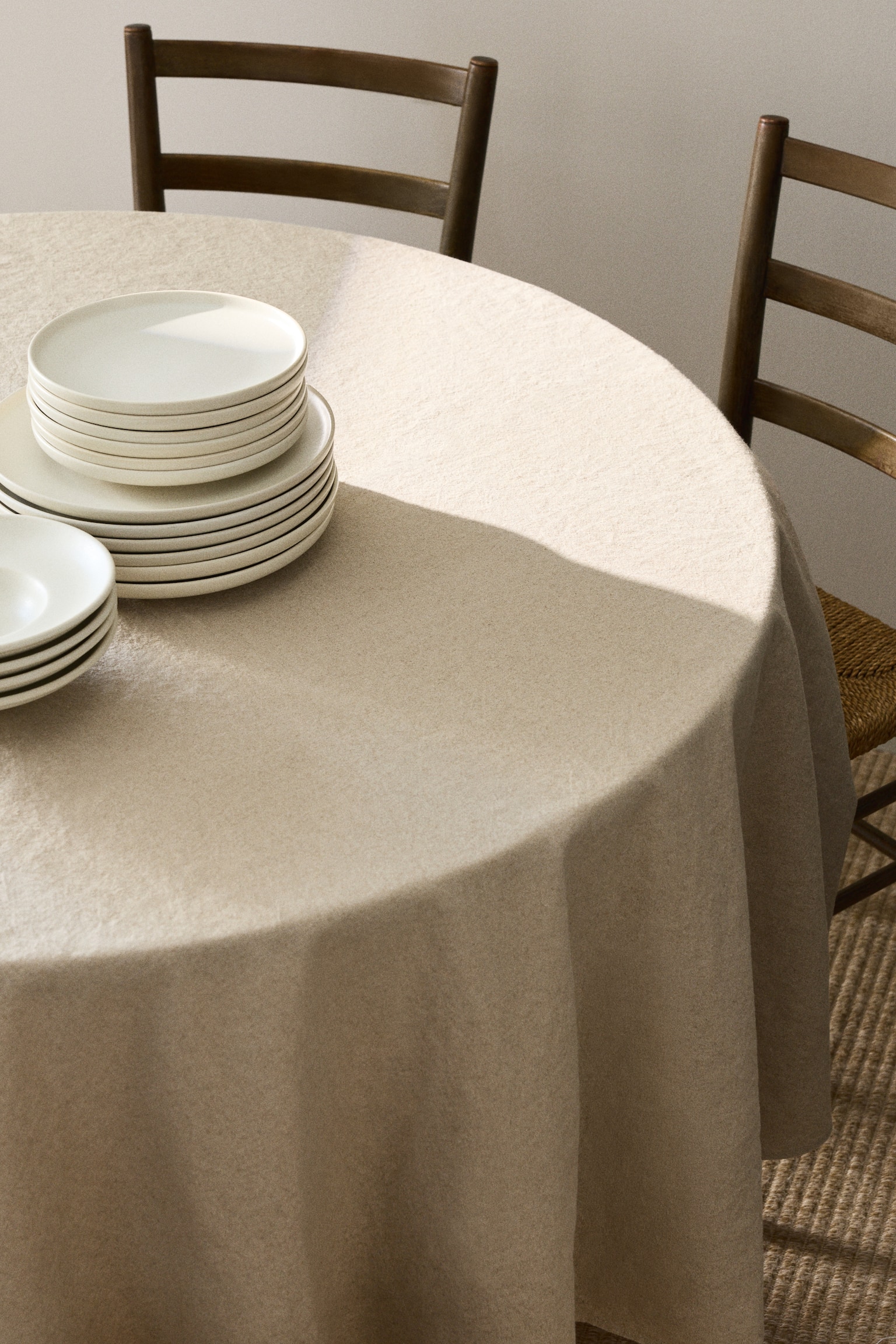 Round linen-blend tablecloth - Beige/White - 1