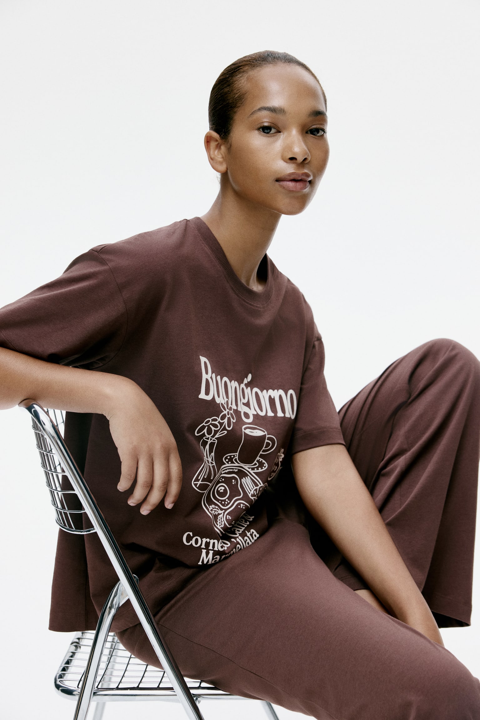 Пижама от памук - Кафяв/Buongiorno/Кремав/Цветя/Черен/Точки - 4