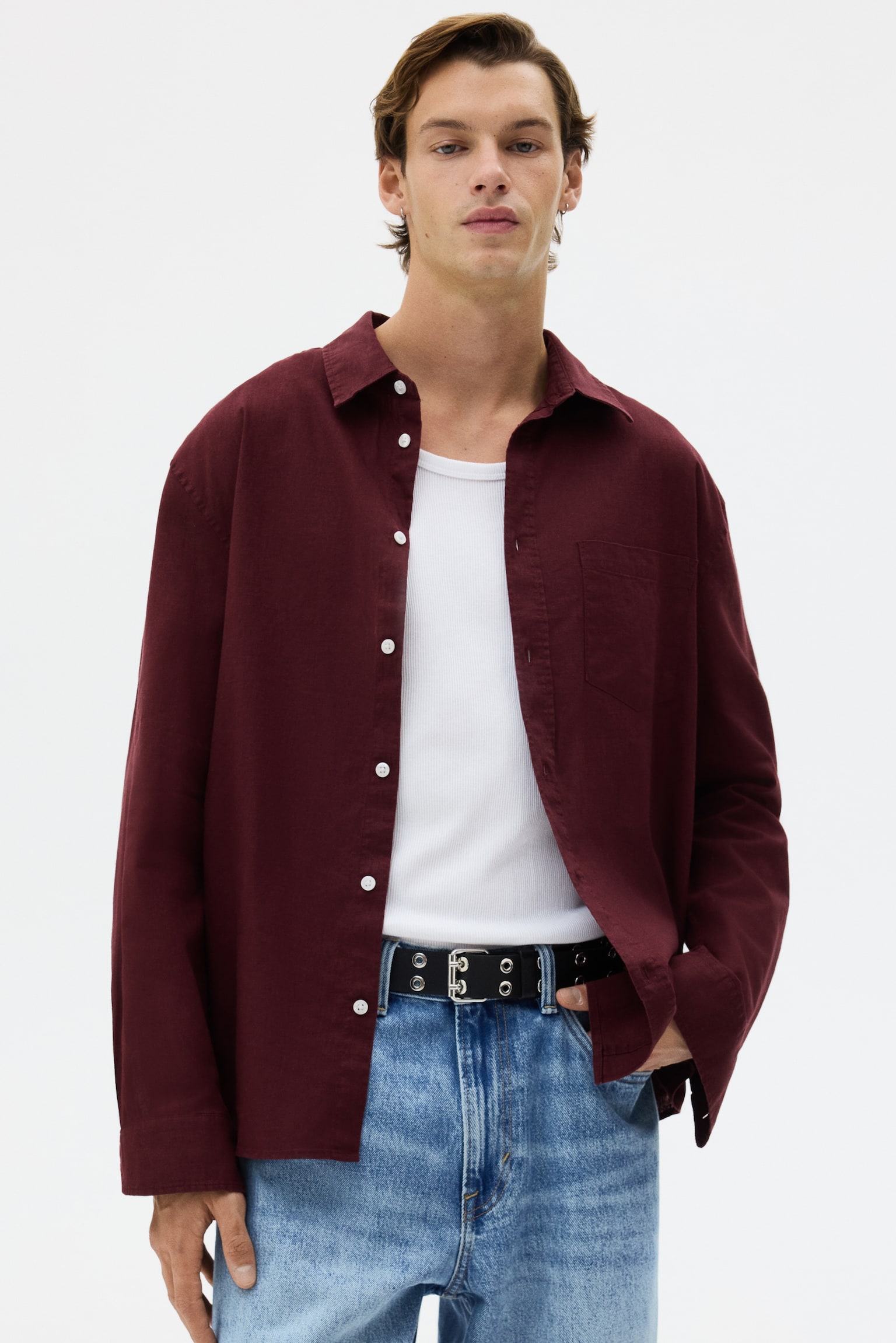 Regular Fit Linen-blend shirt - Burgundy/Dark green/Bright blue/White/Beige/Light blue - 3