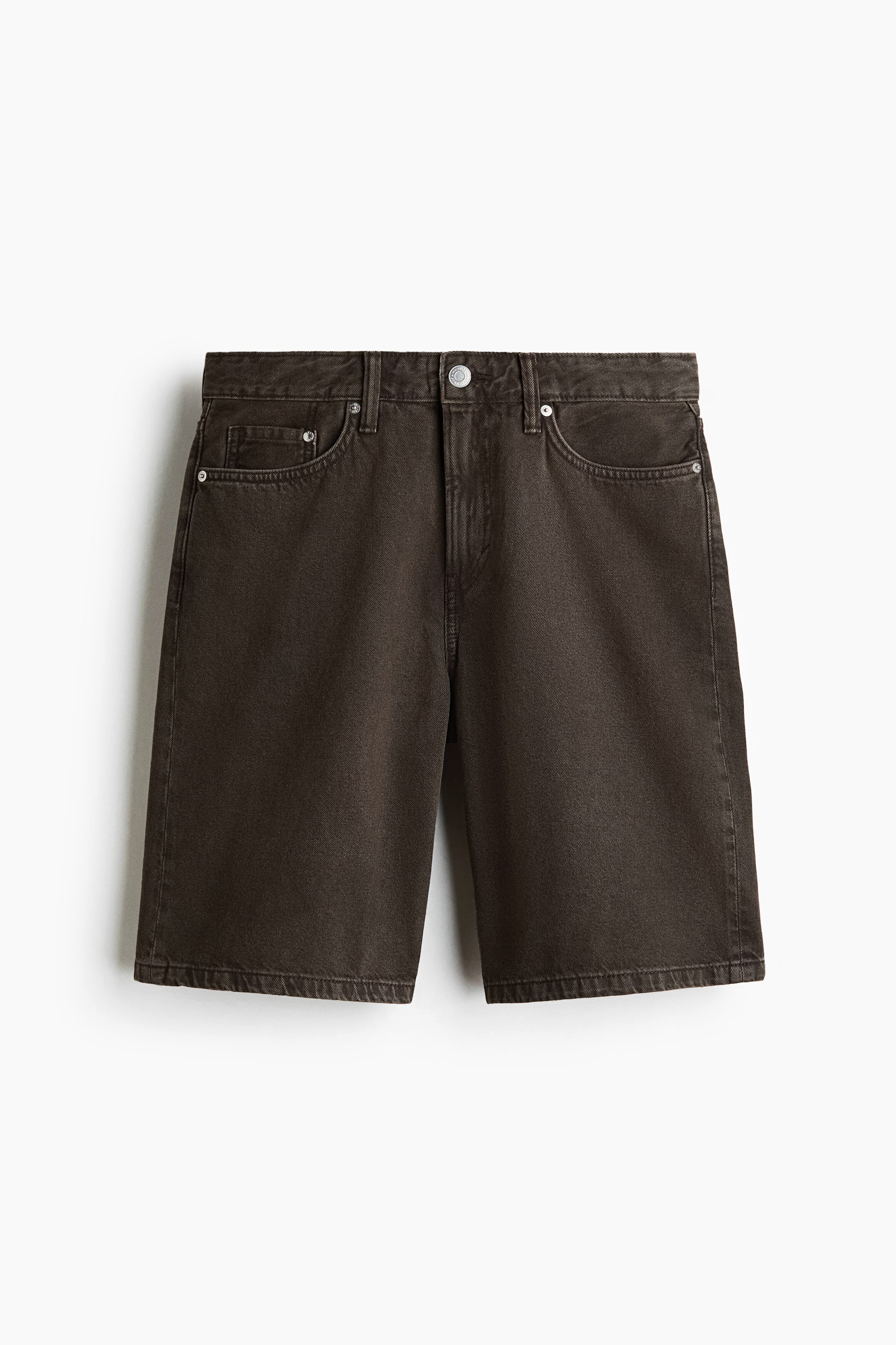 View larger image: These dark brown 5-pocket shorts, crafted from durable cotton denim and shown from the front, feature a regular waist with a zip fly and button closure, and relaxed, gently tapered legs that finish just below the knees.