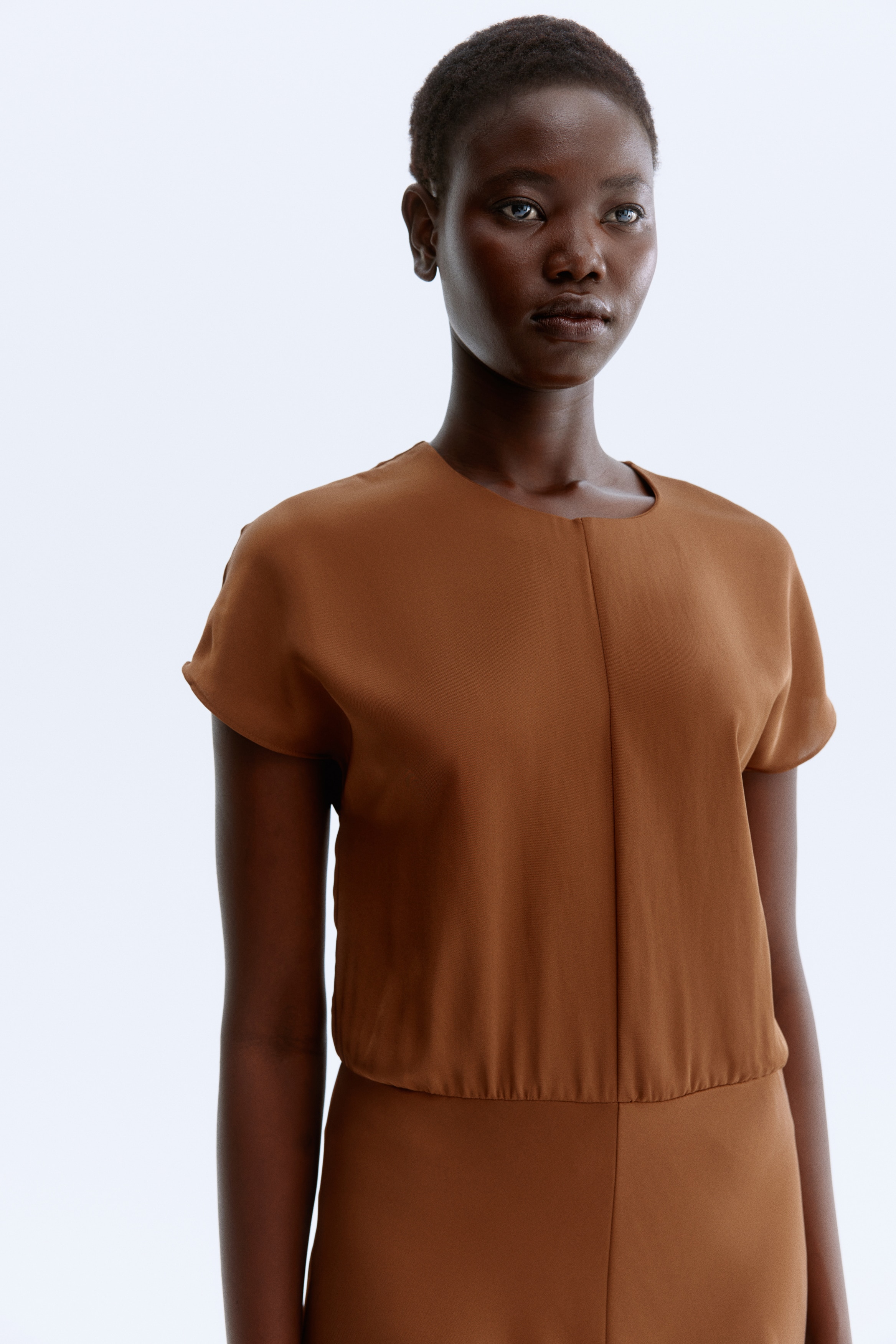 Cap-sleeved satin dress