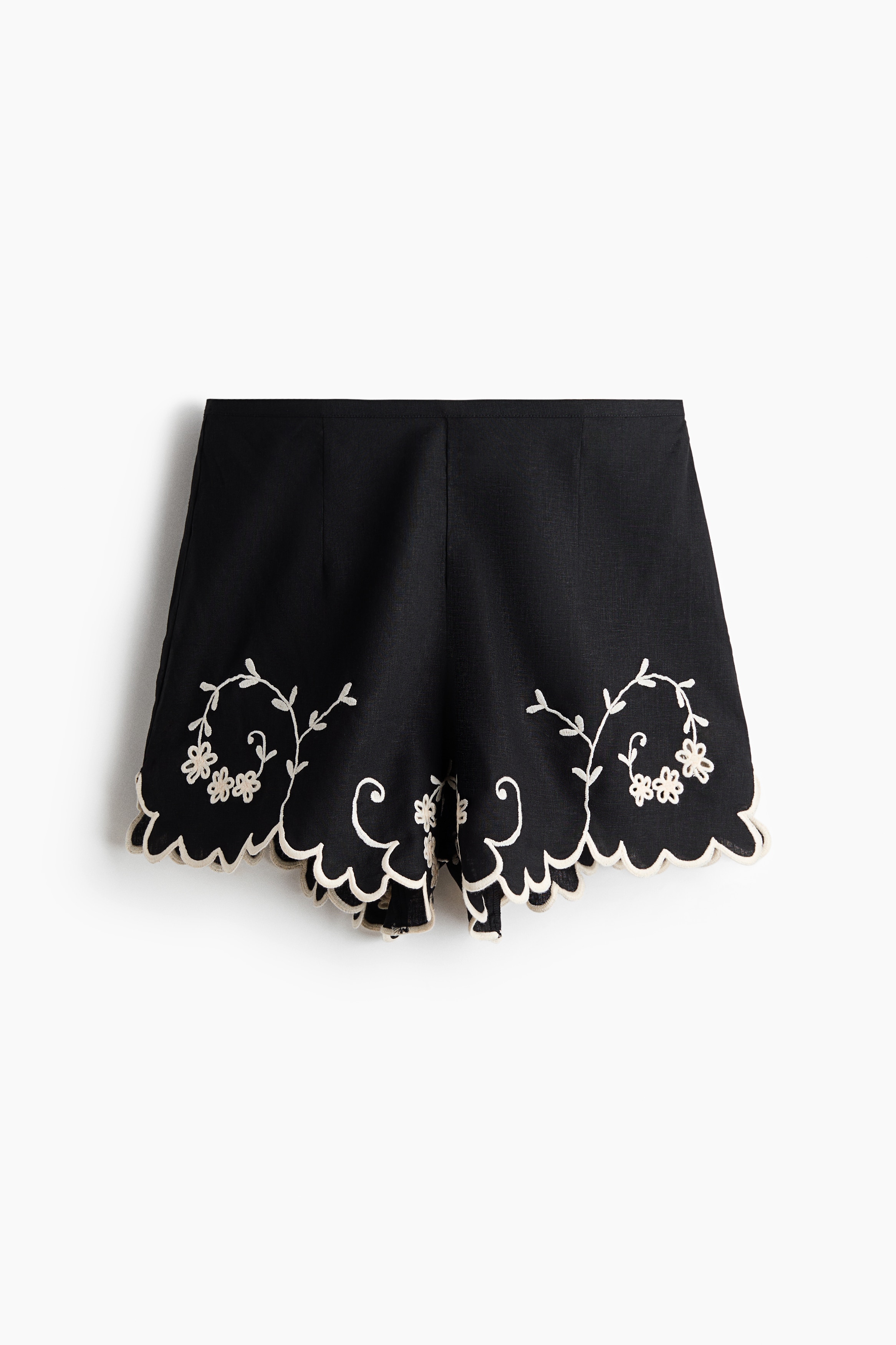 Short brodé en lin mélangé - Noir/à fleurs/Crème/fleurs