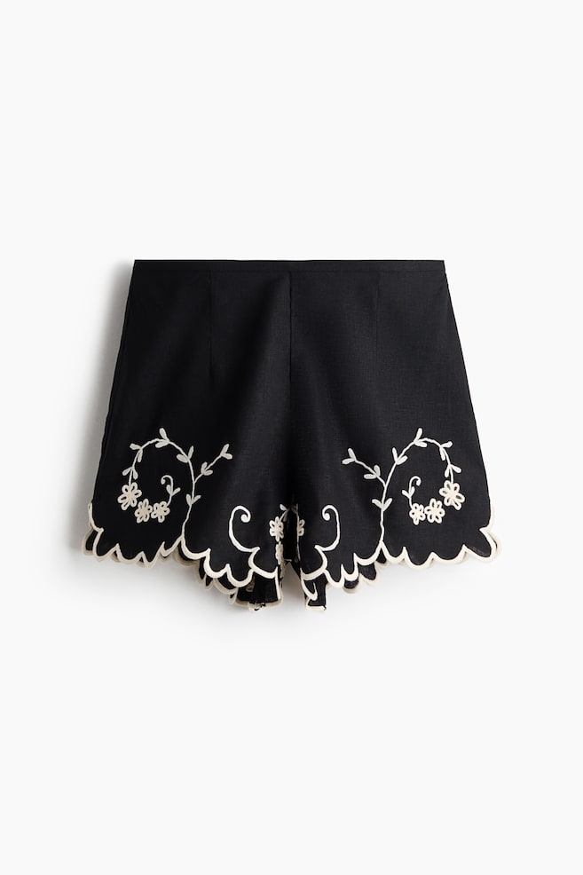 Bestickte Shorts aus Leinengemisch - Schwarz/Blumen/Cremefarben/Blumen - 1