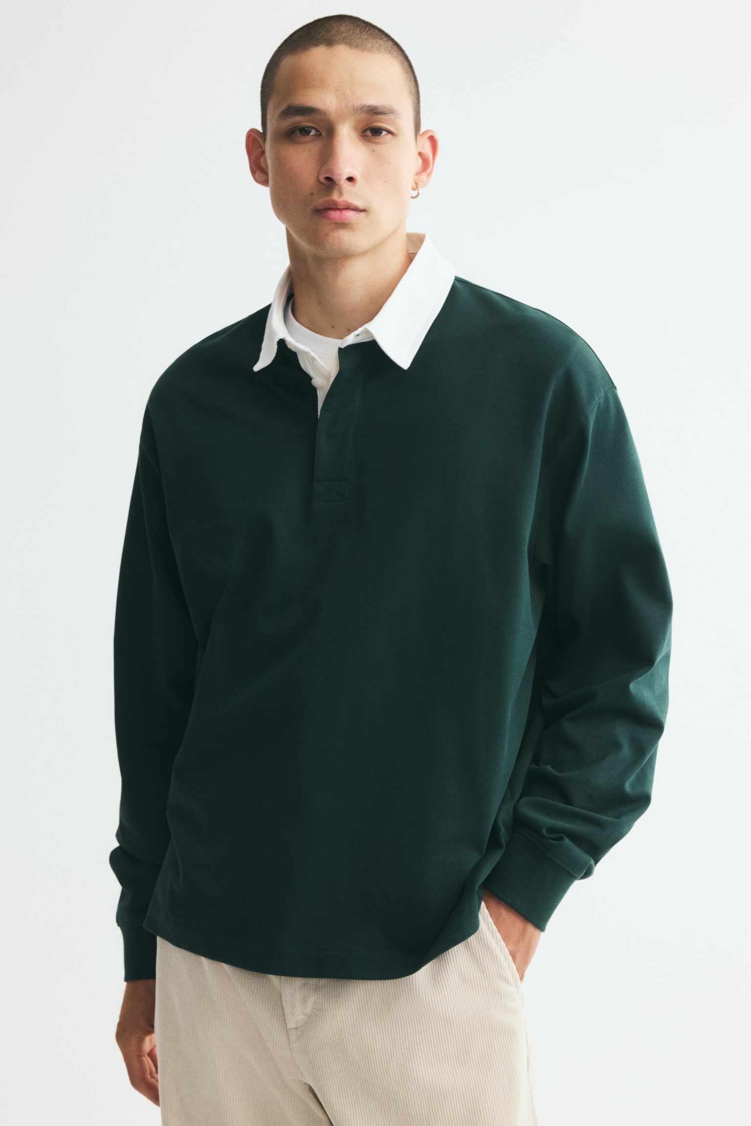 Relaxed Fit Cotton rugby shirt - Green/White/Light grey marl/White - 1