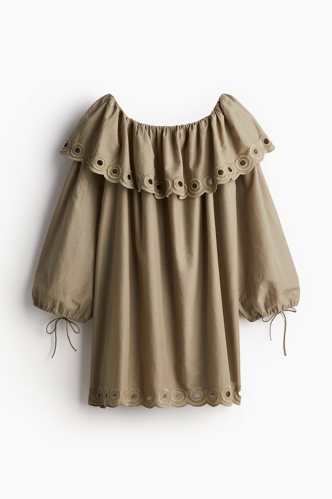 Vestido off-the-shoulder de algodón - Verde caqui/Negro - 1
