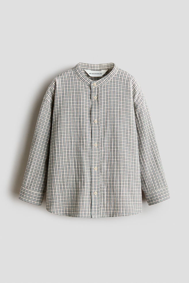 Cotton Band-Collar Shirt - Light beige/checked - 1
