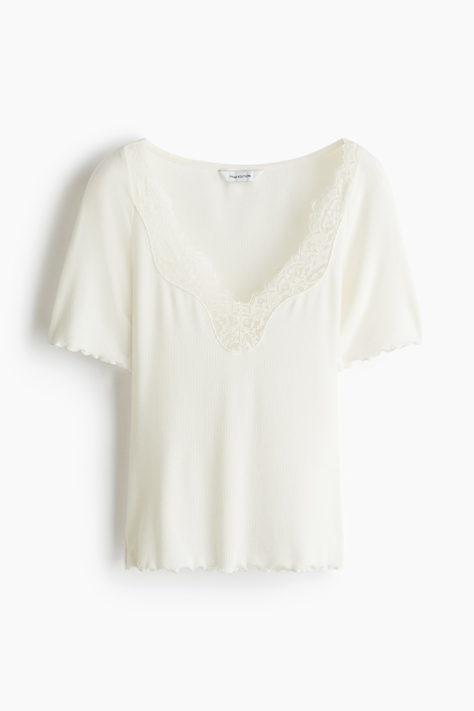 Женский топ H&M Lace-Trimmed Ribbed Top, цвет: Белый — фото 1
