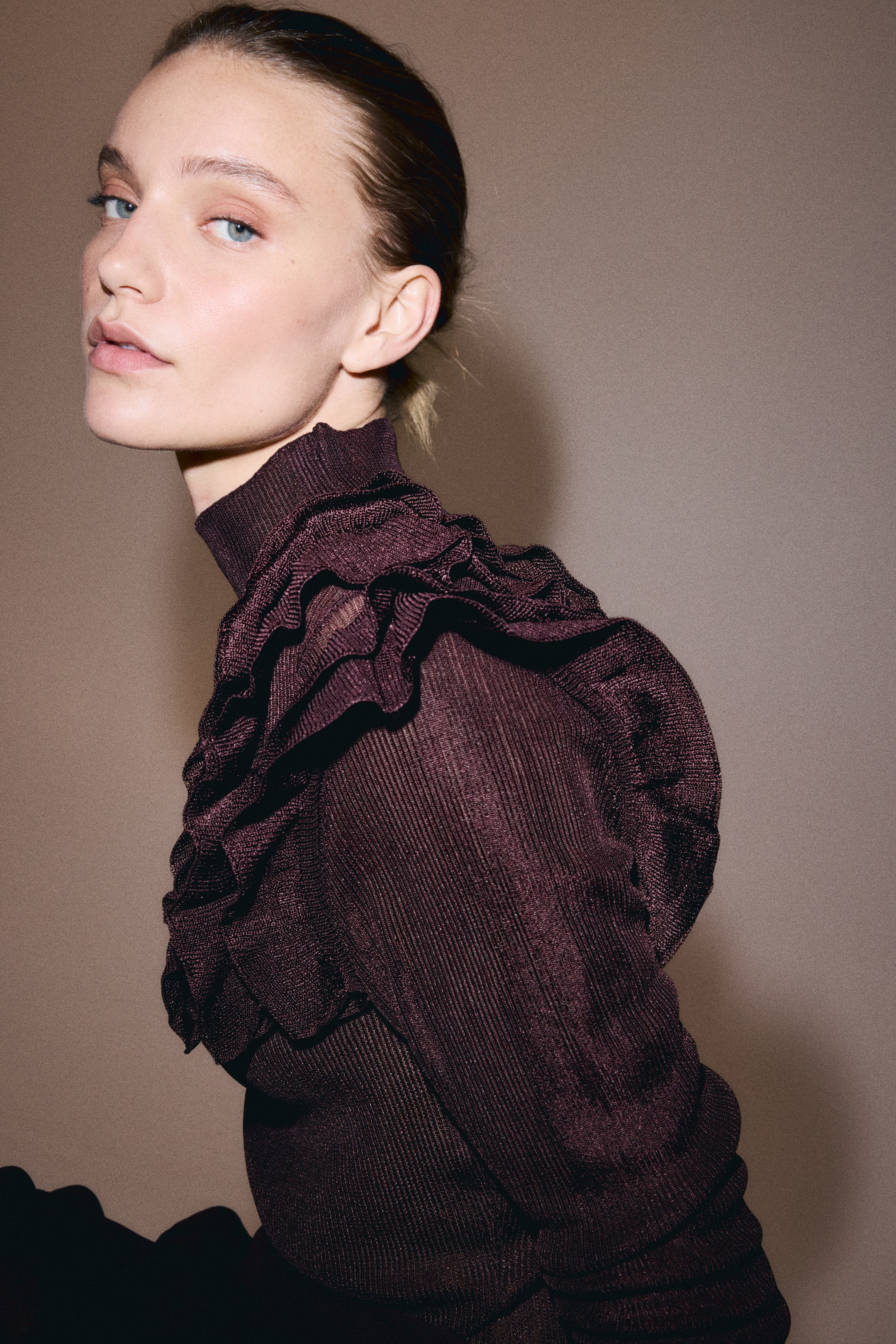 Ruffle-Detail Mock Turtleneck Top
