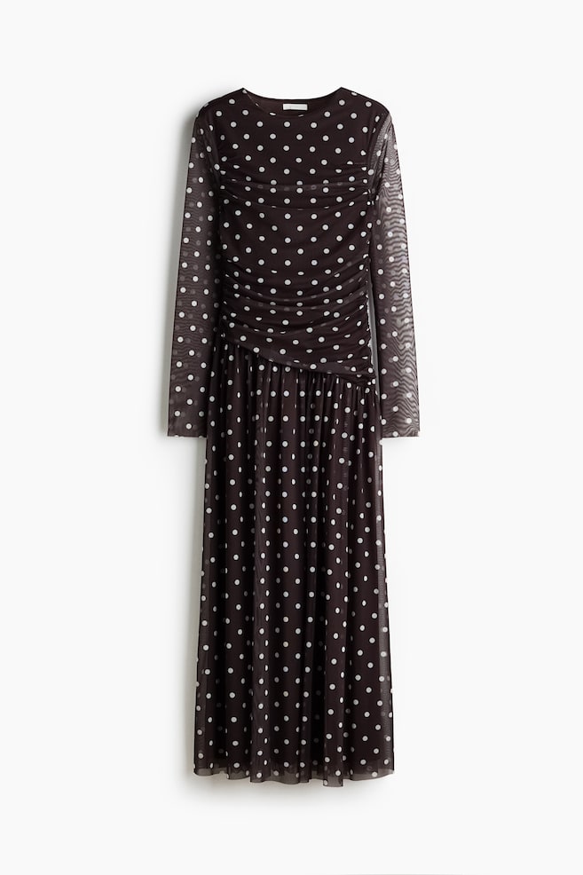 Vestido drapeado de malla - Marrón oscuro/Lunares/Oliva dorado - 1