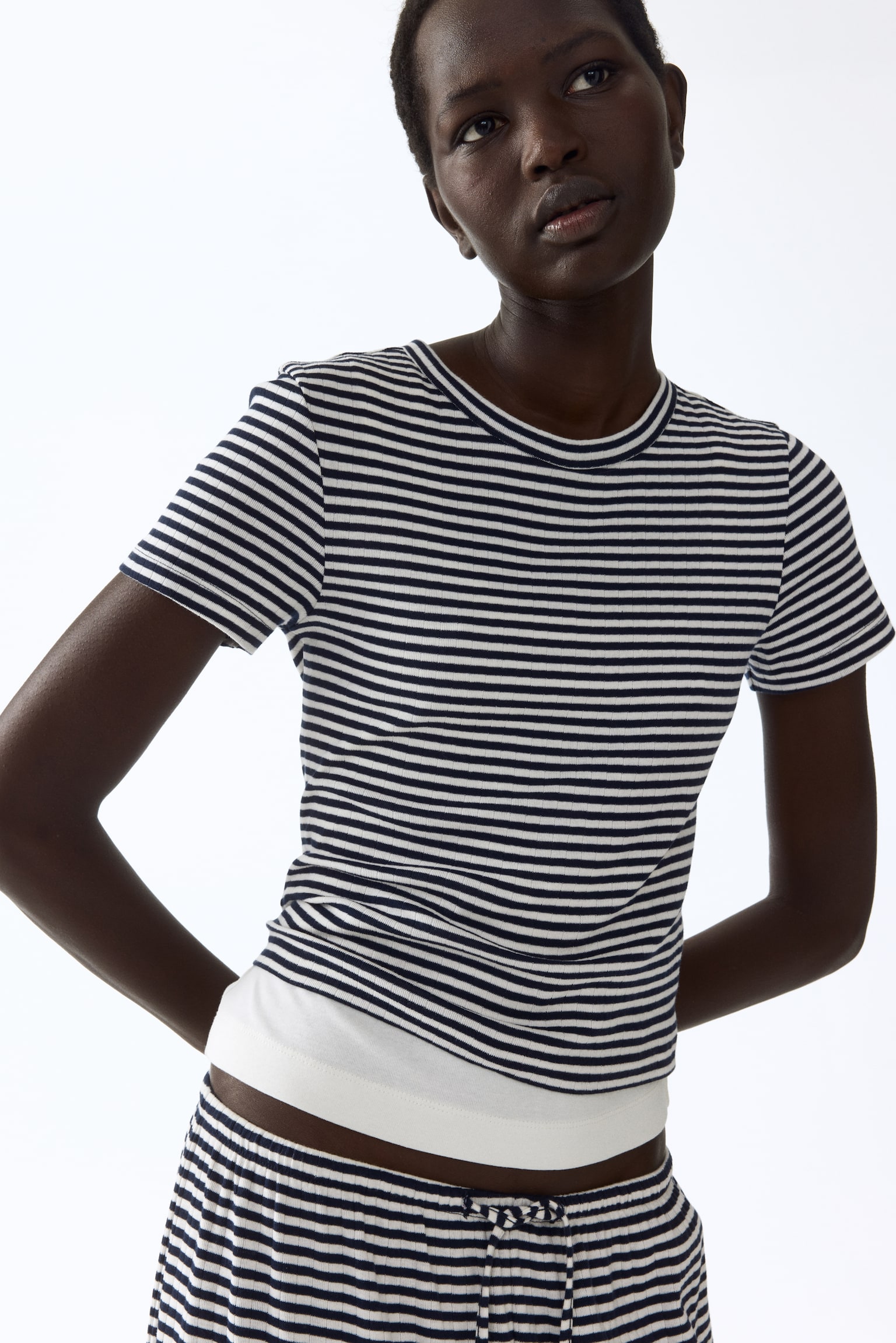 Ribbed T-shirt - Navy blue/Striped/Dark plum purple/Striped/White/Dark brown striped - 1