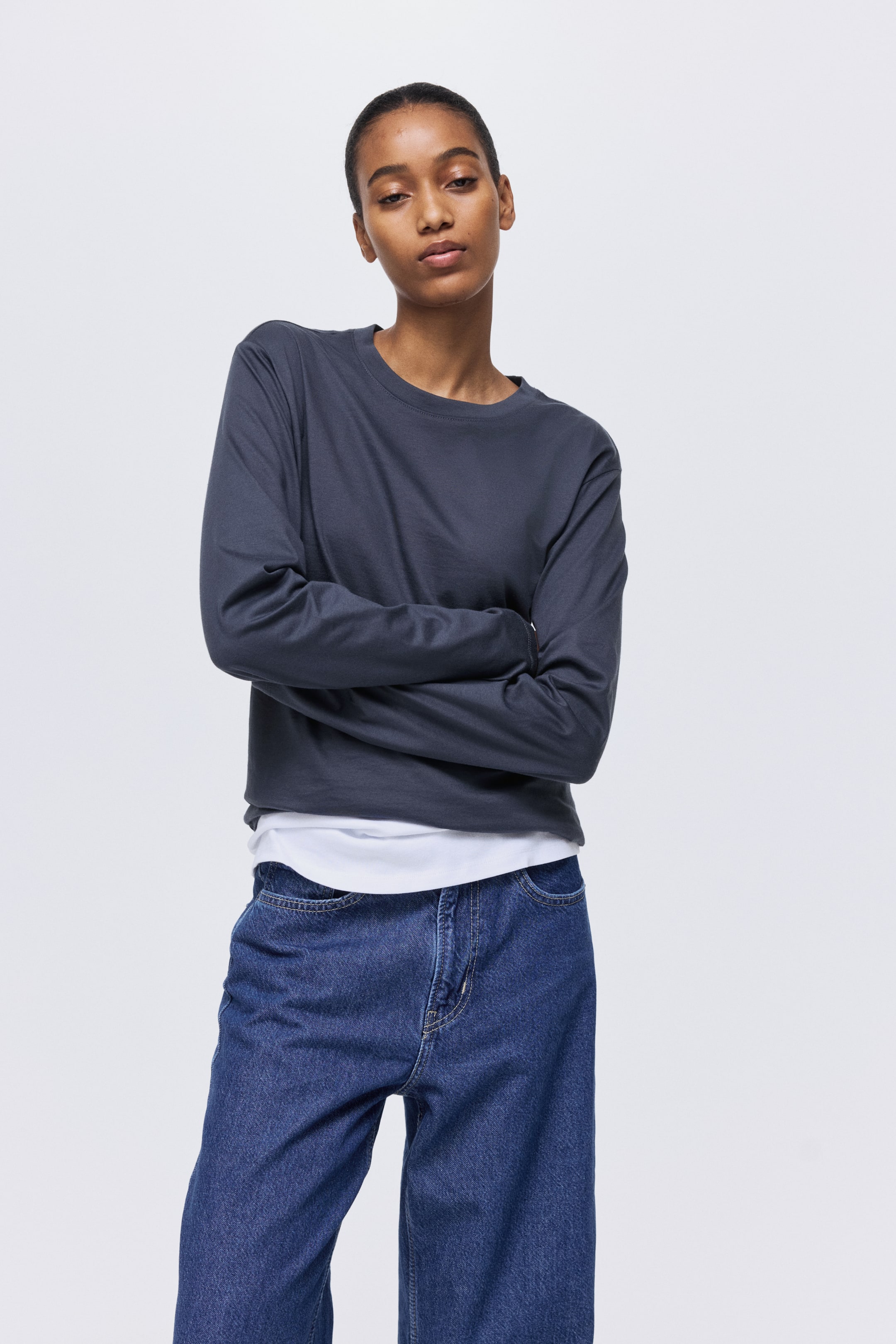 View larger image: Long-sleeved cotton top - Navy blue - Ladies | H&M IN 1