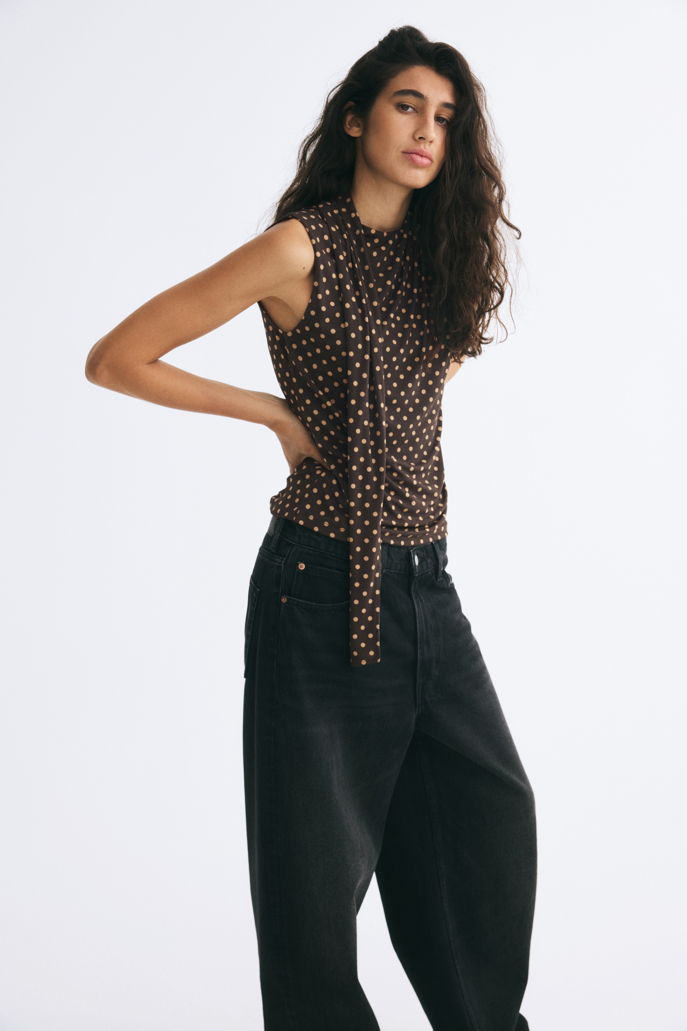 Scarf-collar jersey top - Dark brown/Polka dot/Light beige