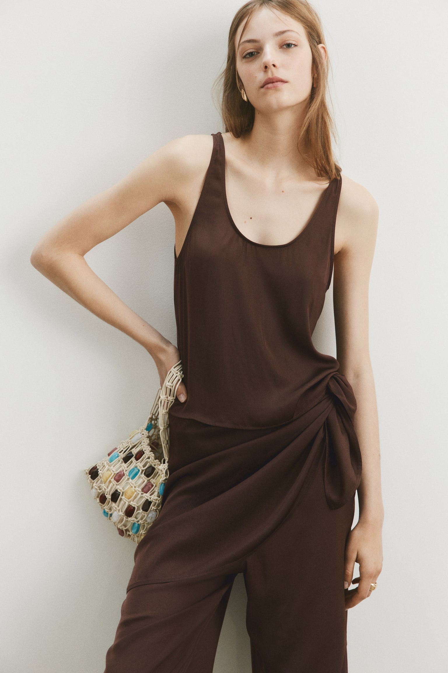 Pantalón de gasa con pañuelo decorativo-Marrón oscuro - 4