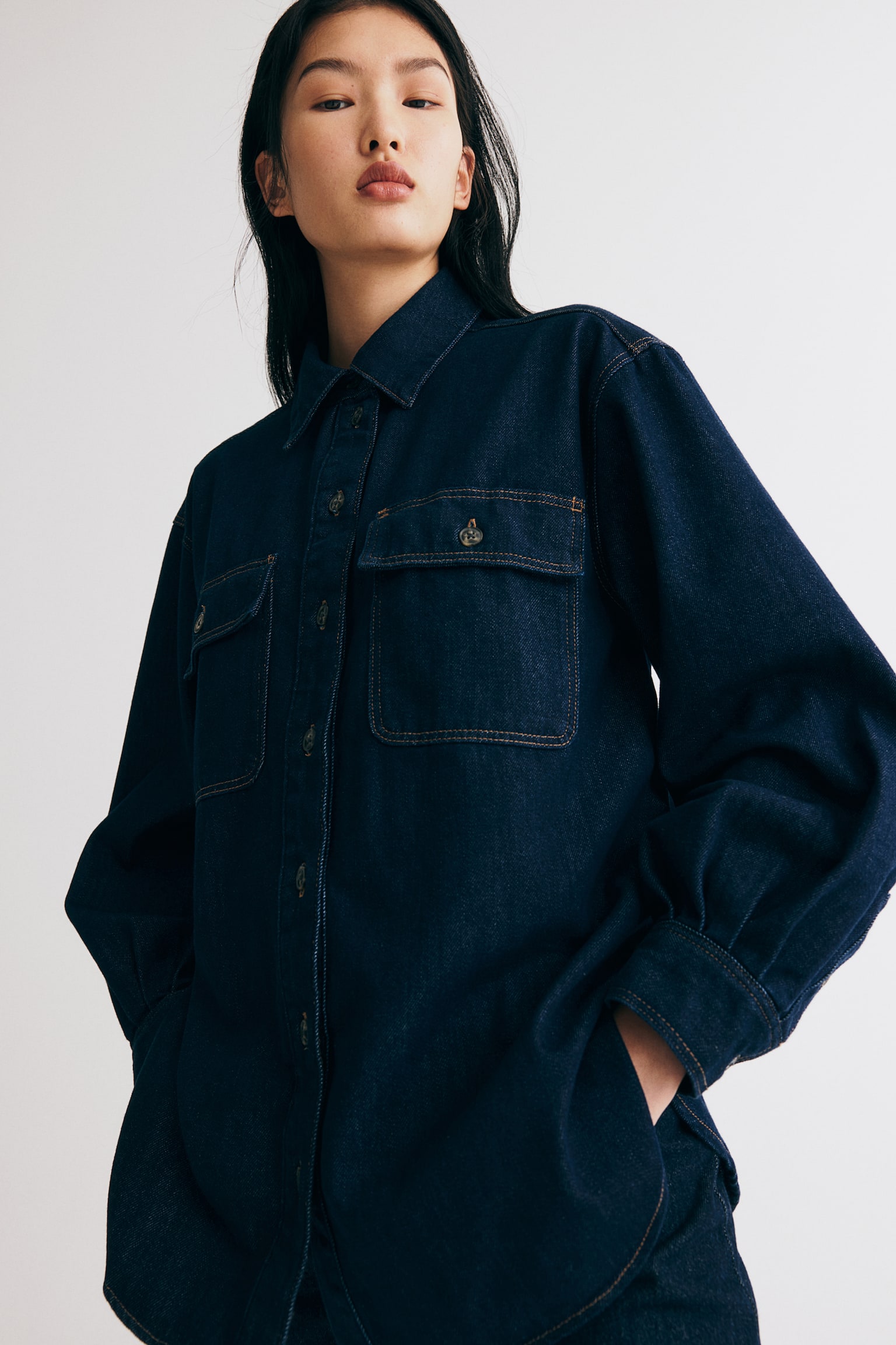 Loose-fit denim shirt - Dark denim blue - 1