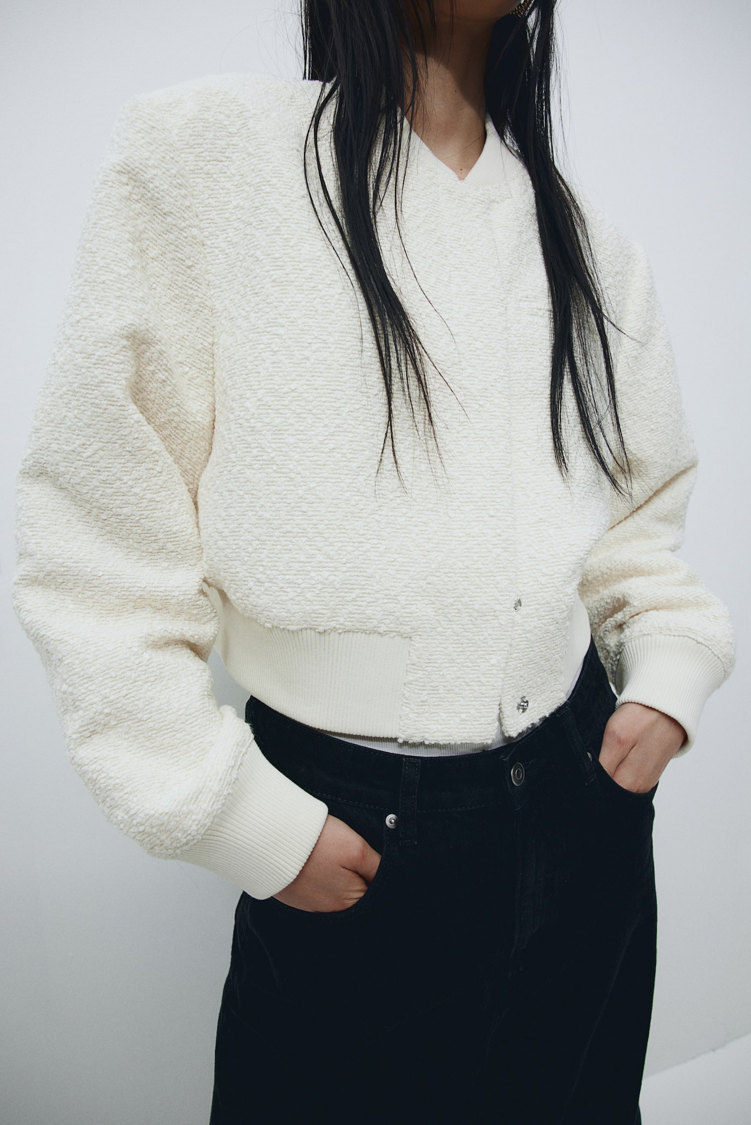 Cropped Bomber Jacket - Cream/Black/Light beige - 7