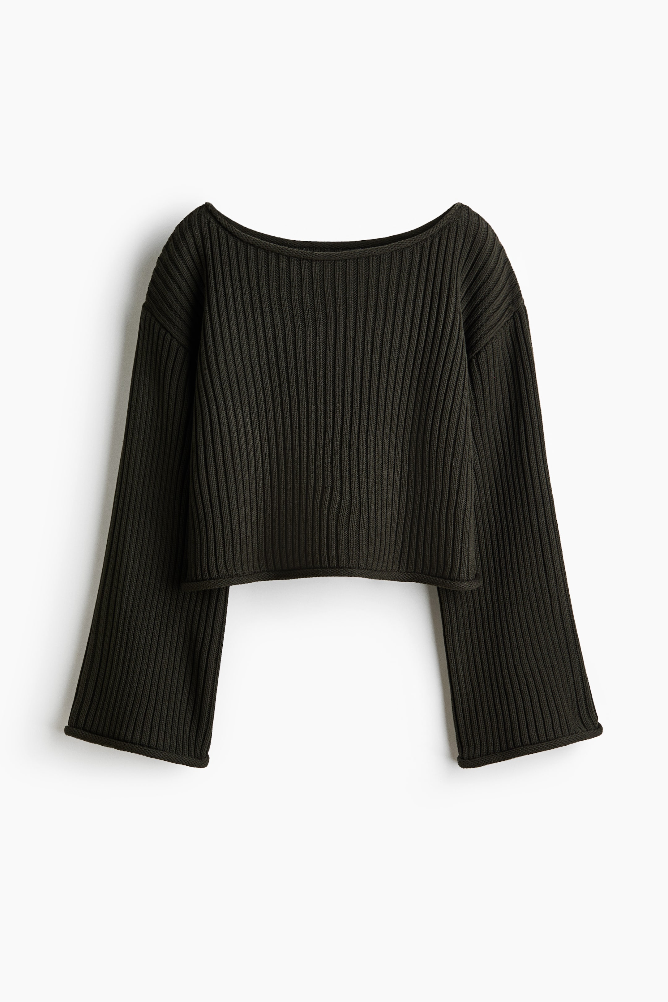 View larger image: A short sweater is showcasing its front view, featuring a soft rib knit, a boat neckline, dropped shoulders, and long trumpet sleeves, all finished with rolled edges.