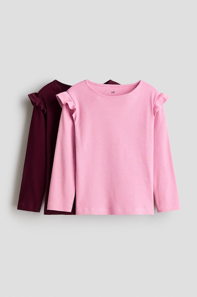 2-pack flounce-trimmed cotton tops - Pink/Dark plum red/Black/Cream/Light pink/Cream/Dusty pink/Light beige marl/Red/Light pink - 1