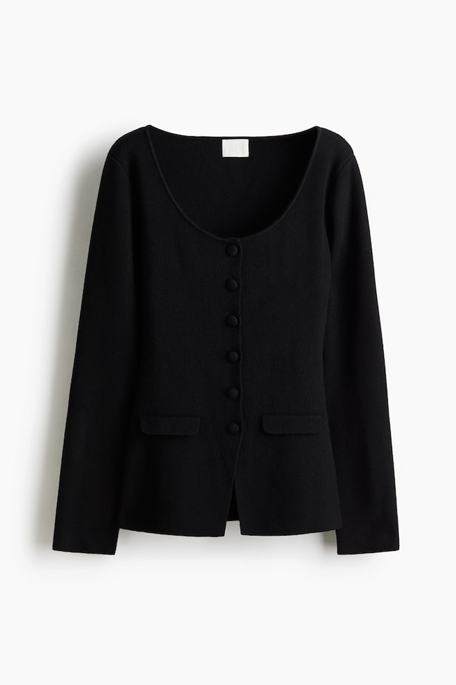 Scoop-Neck Rib-Knit Cardigan - Black/Red - 1