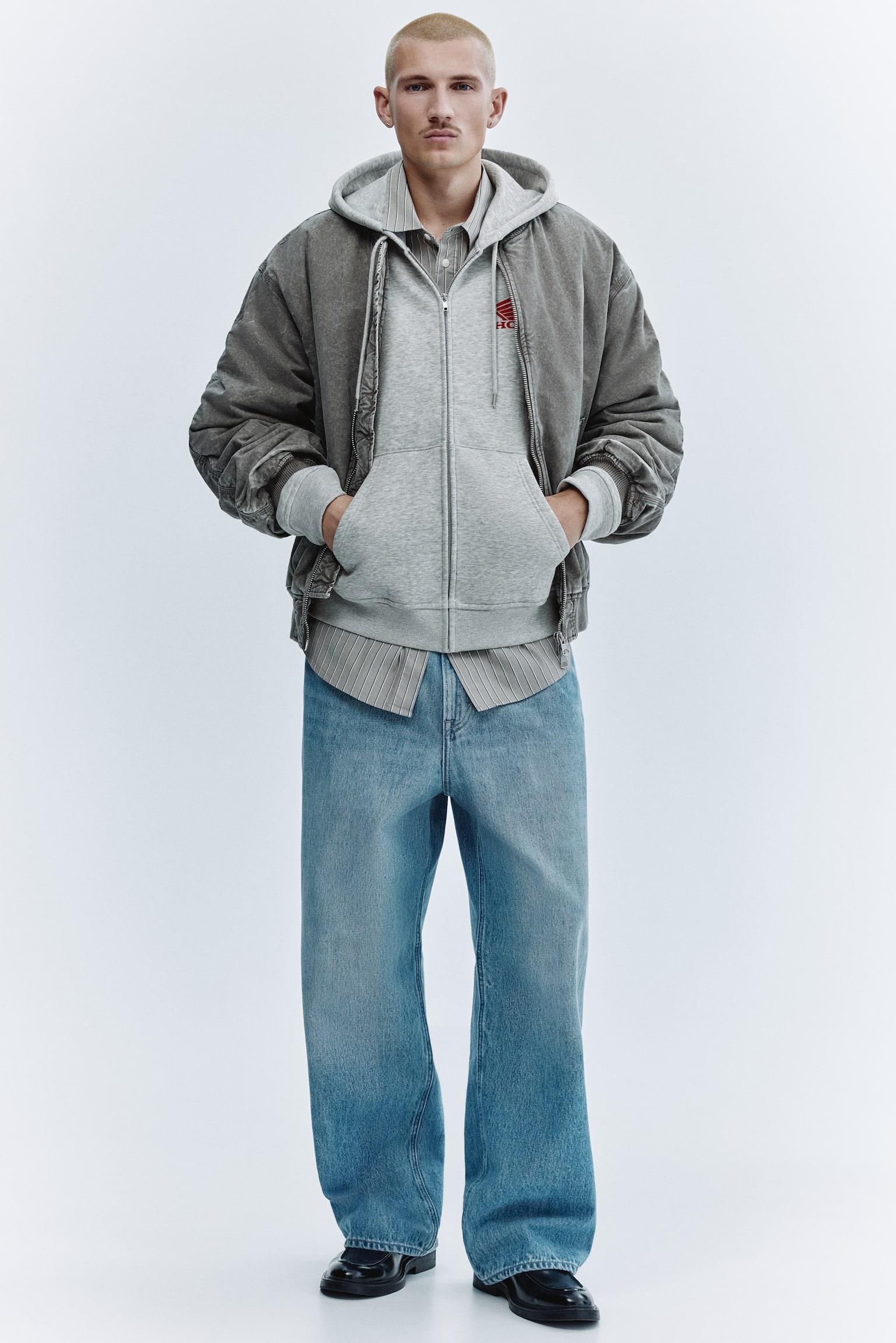 Bunda na zip s kapucí Loose Fit - Světle šedý melír/Honda - 7