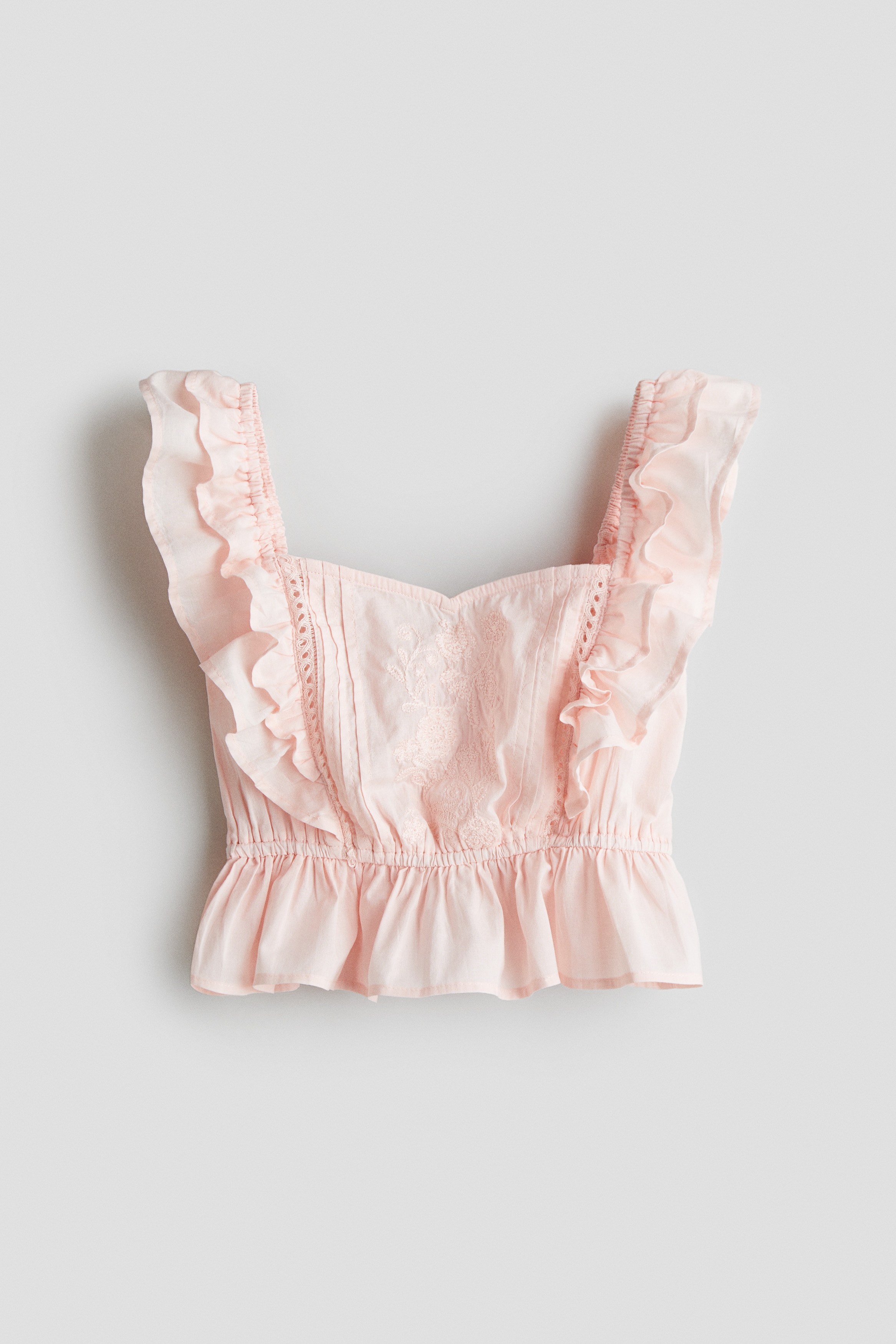 Katoenen top met volantmouwen - Lichtroze/Wit