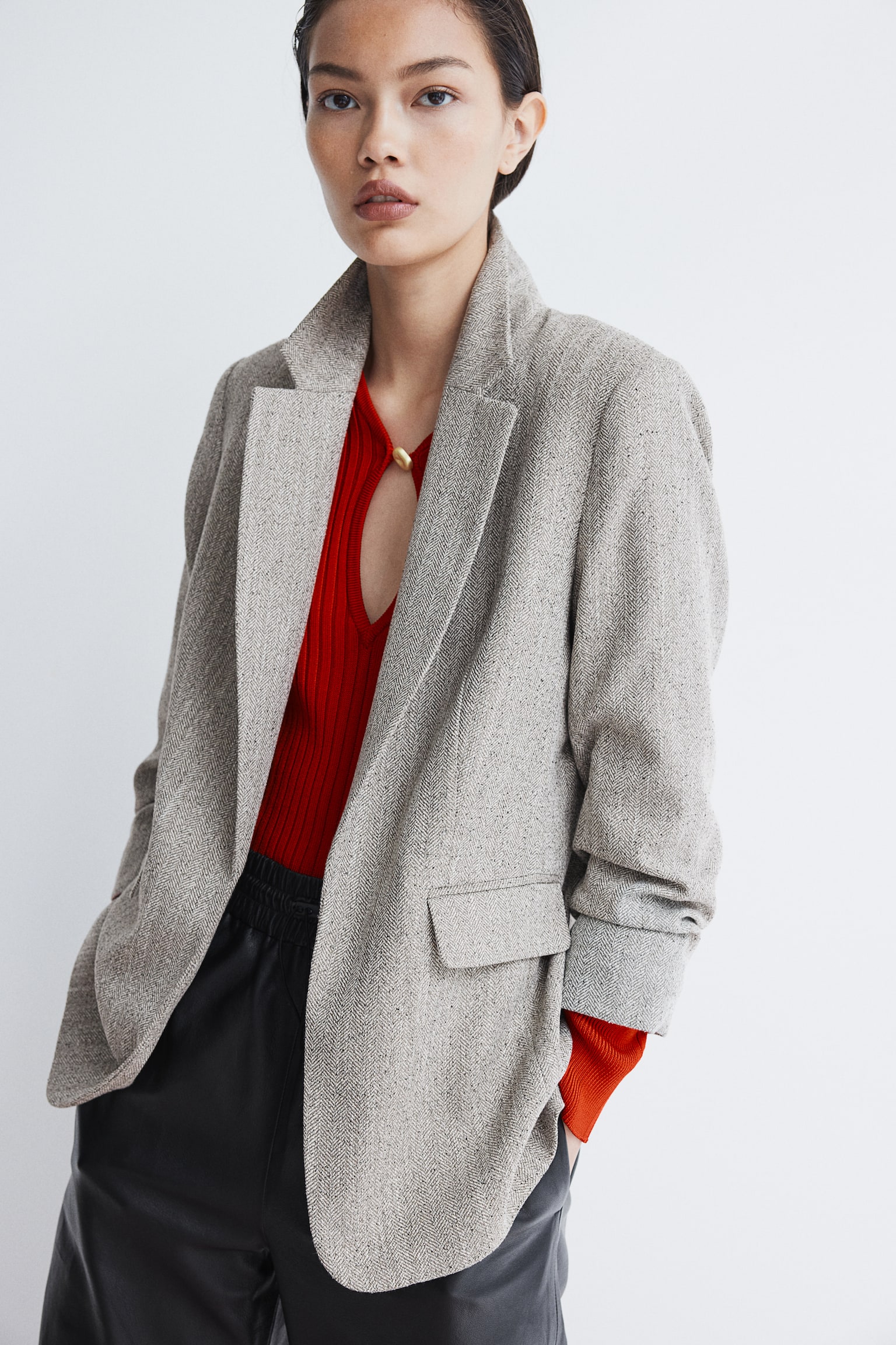 Gathered-sleeve blazer - Beige/Herringbone-patterned/Light beige/Black/Grey marl - 3