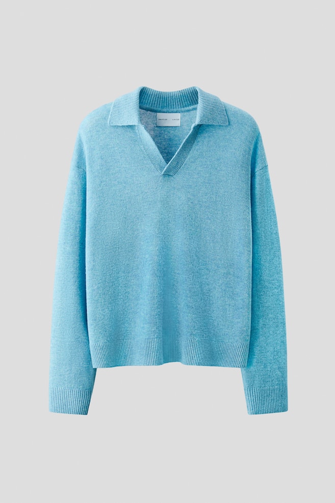 Wool-Blend Polo Sweater - Aqua blue/Beige melange - 1