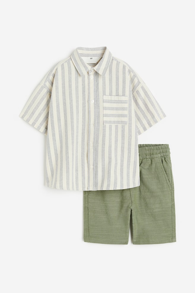 2-piece cotton set - Khaki green/Striped - 1