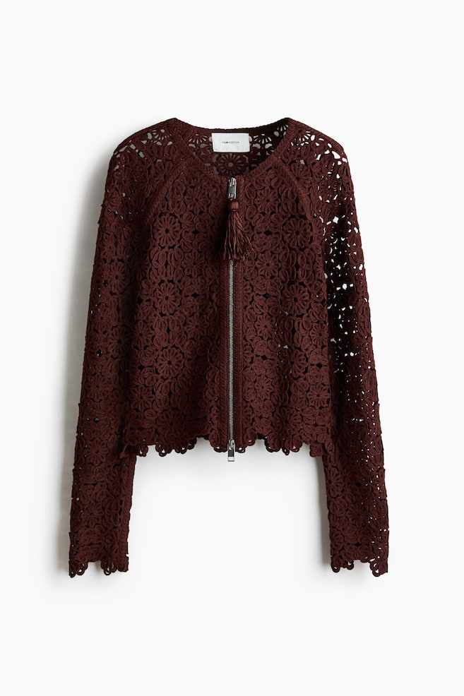 Crochet-Look Cardigan - Dark brown - 1