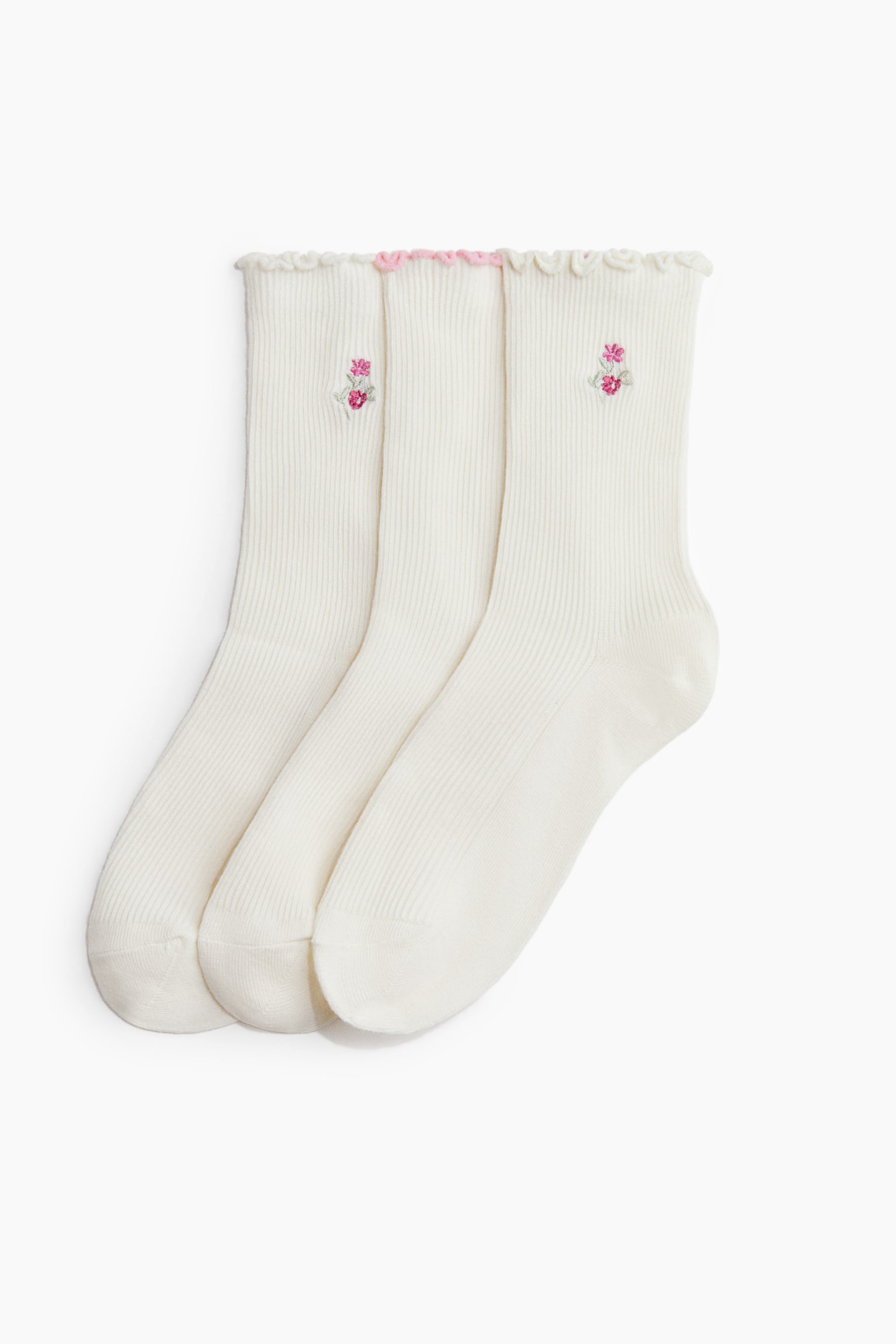 3-Pack Socks with Overlocked Trim - Cream/flowers/Pink/white/Powder pink/glittery/Burgundy/taupe/cream/Dark brown/flowers