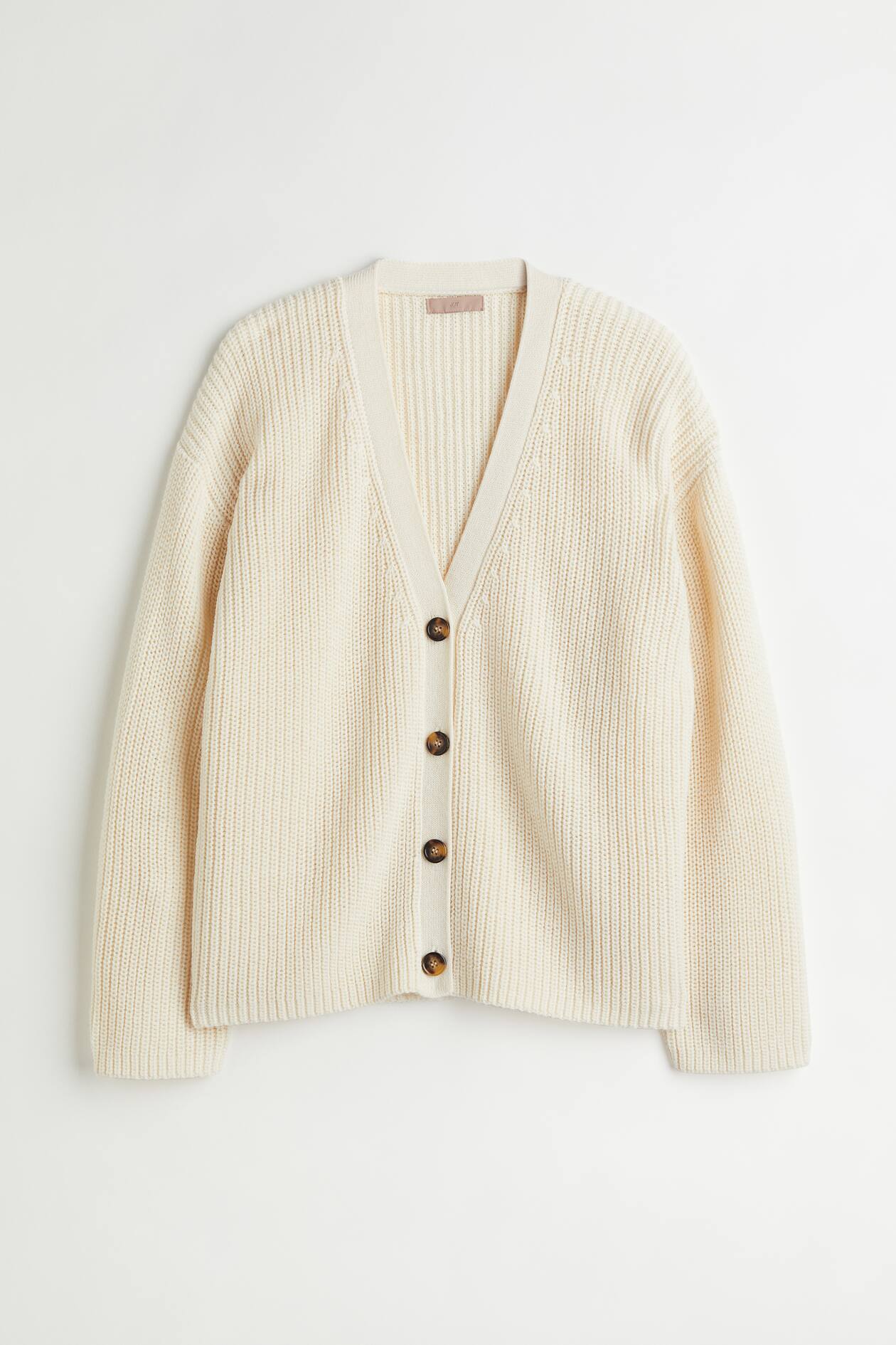 H&M+ Ribbed Cardigan - V-neck - Long sleeve - Natural white - Ladies ...