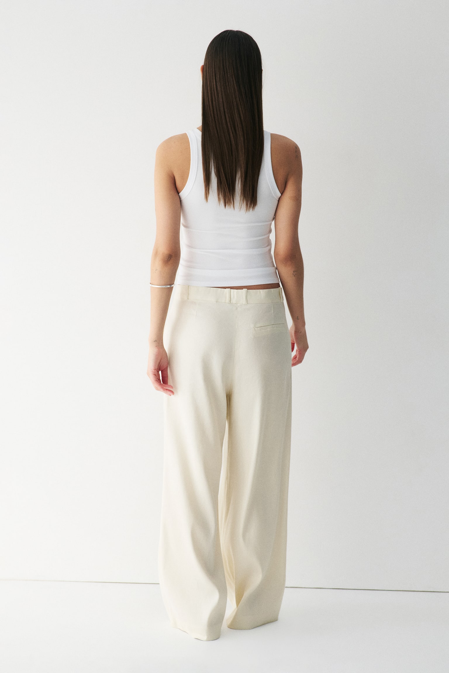 Wide linen-blend tailored trousers - Cream/Dark brown/Black - 7