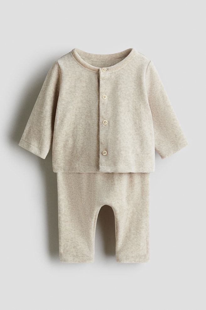 2-piece Velour Set - Light beige melange - 1