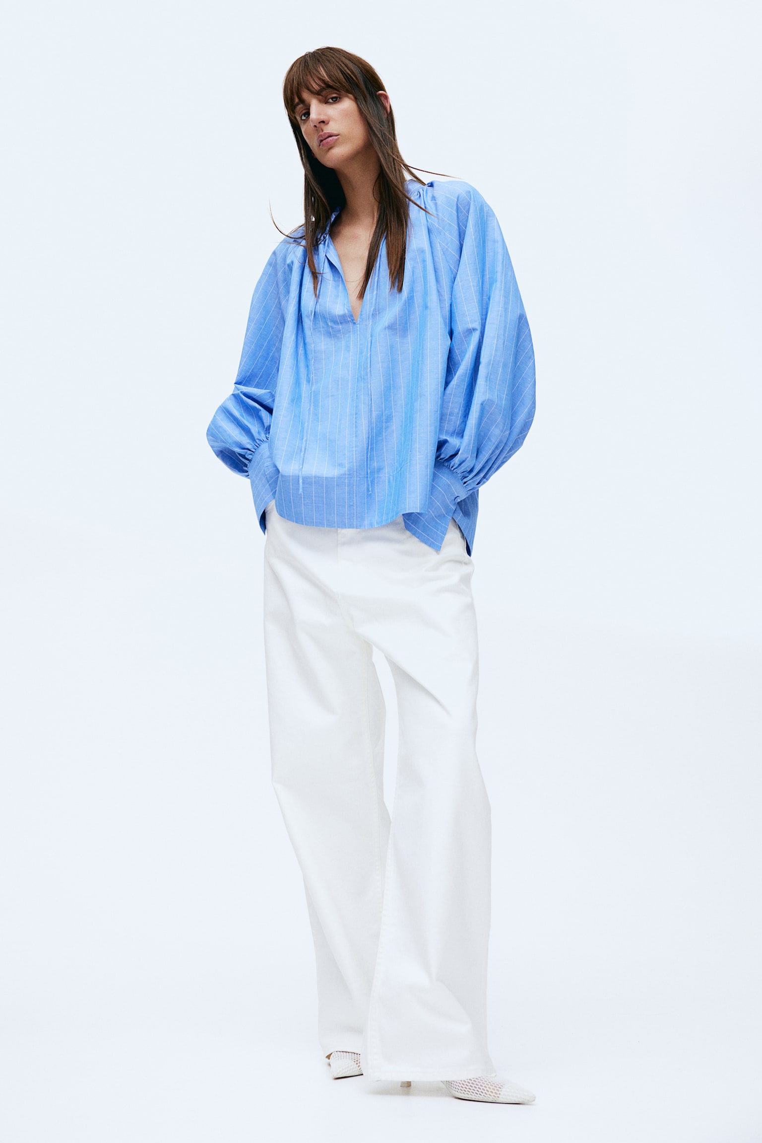 Balloon Sleeve Blouse - Blue/Stripe/White - 4