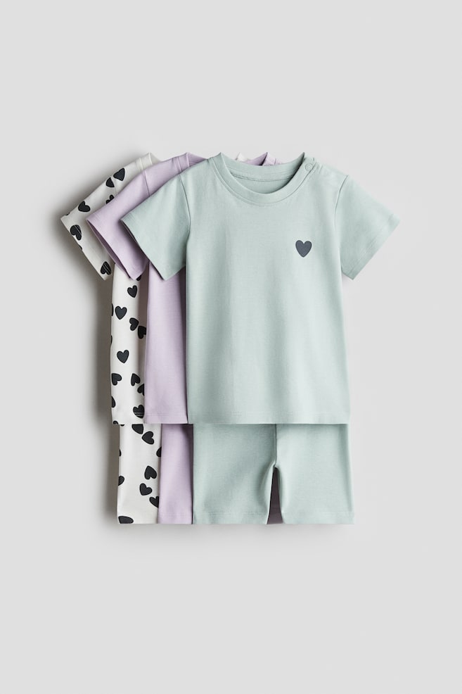 Pack de 3 pijamas em algodão - Turquesa/Corações - 1