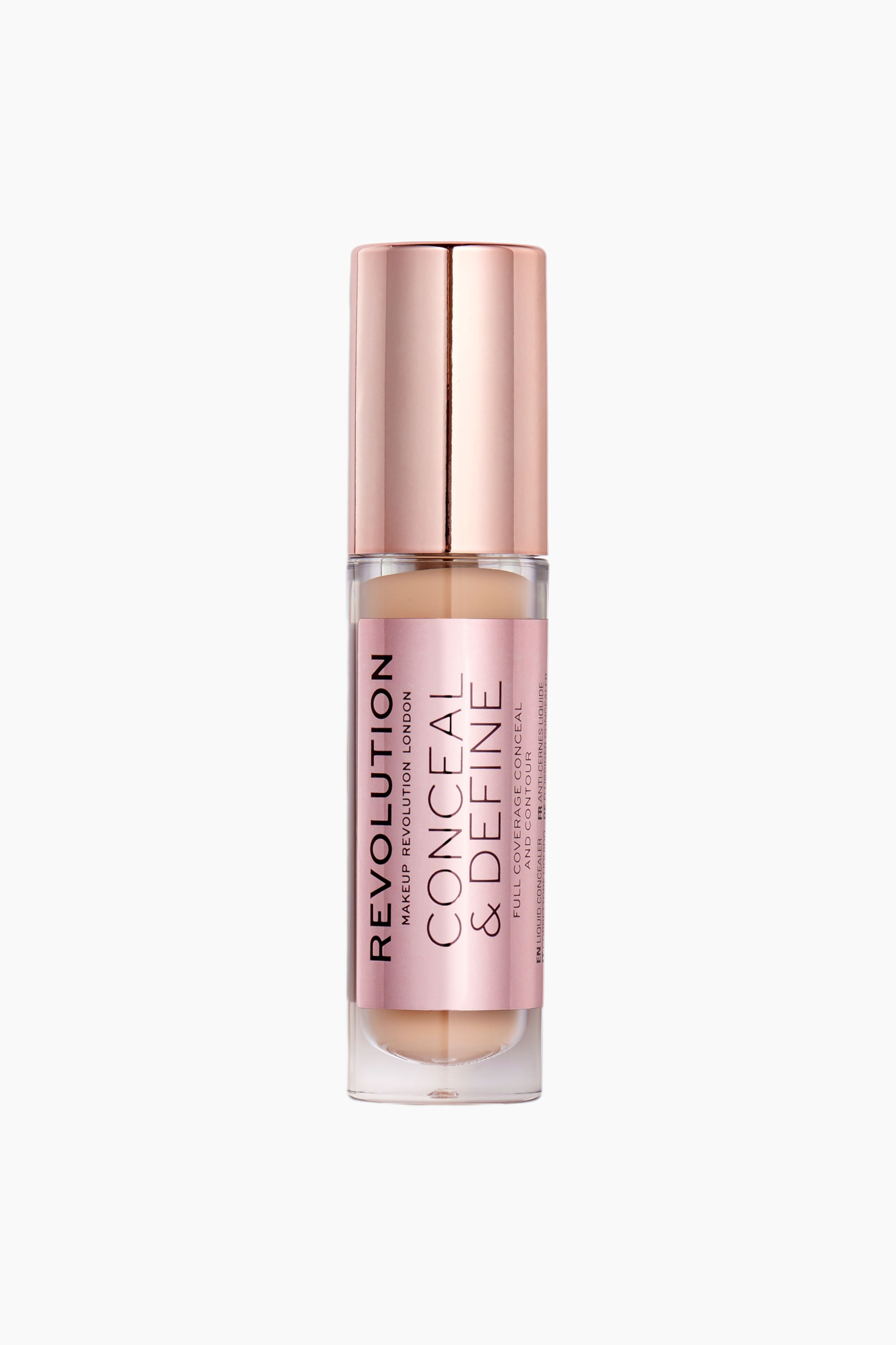 Visa större bild: En cylindrisk flaska med flytande concealer står upprätt och vänd framåt, med en ljusbeige nyans synlig genom den genomskinliga botten. Flaskan har ett metalliskt roséguld lock och en matchande etikett i roséguld med svart text som lyder "REVOLUTION CONCEAL & DEFINE."