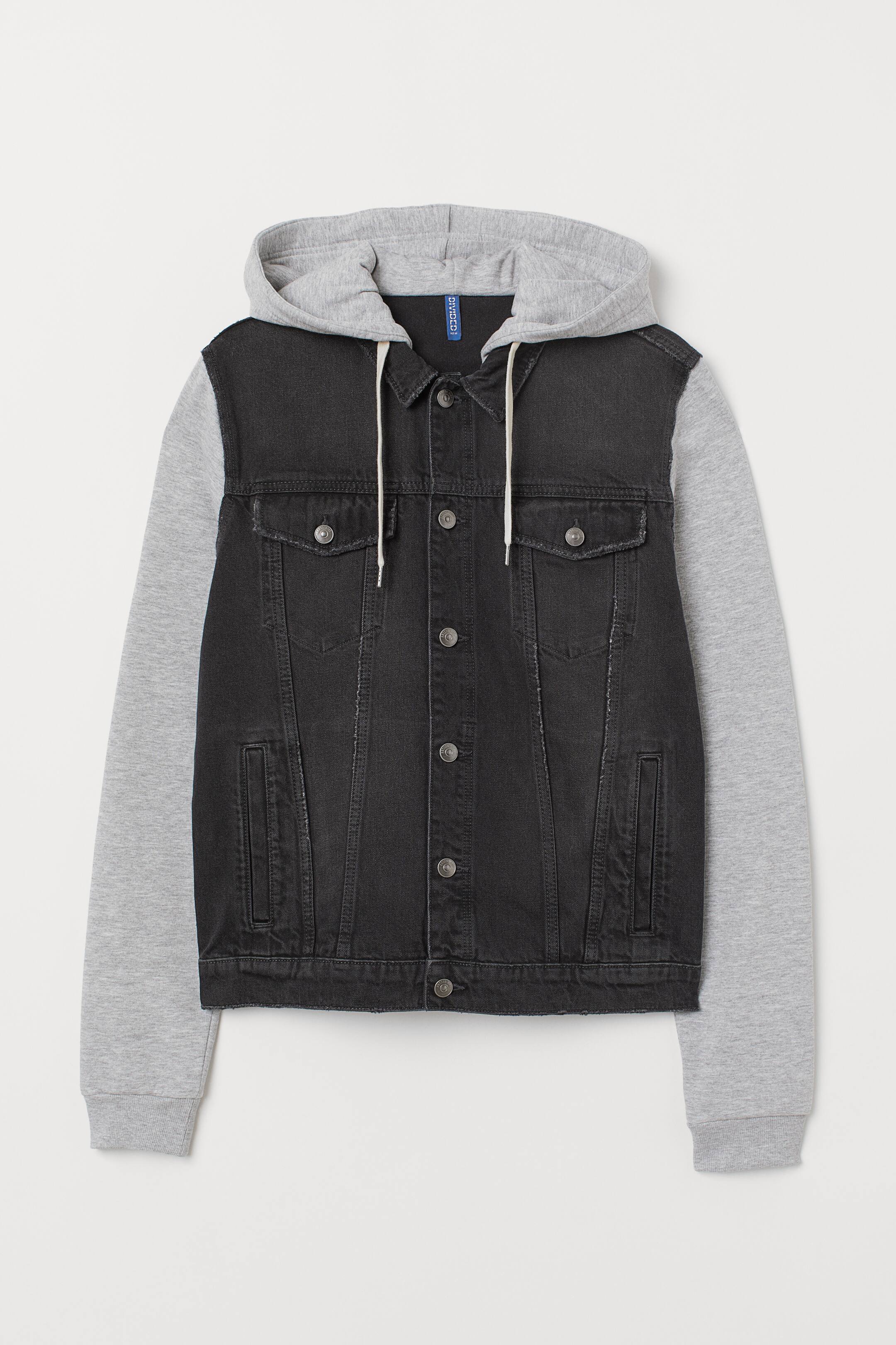 Hooded denim jacket Black/Light grey marl Men H&M HK