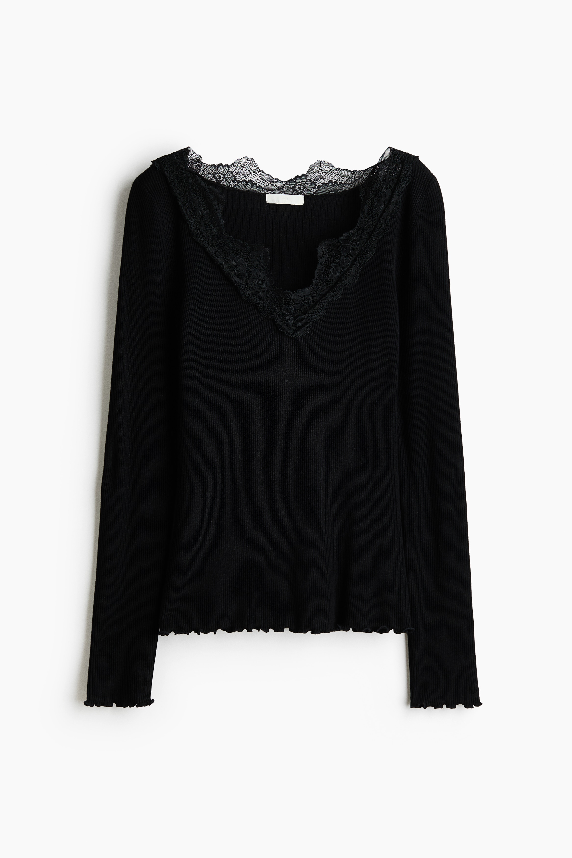 Lace Trim Rib Knit Top - Black/Brown